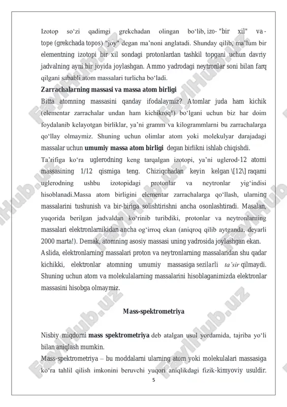 boshlaydi, ushbu grafikda nisbiy miqdor bilan \[m/z\] oʻrtasidagi bogʻliqlik aks etadi. mass-spektrometrlarning tuzilishi va ishlash prinsipi mass-spektrometrning asosiy qism va prinsiplari quyidagilardan iborat: 1. ionlash tizimi: bu bosqichda modda ionlar holatiga o‘tkaziladi. molekulalar yoki atomlar ionlash uchun elektr tok, lazer nurlari yoki kimyoviy ionlash jarayonidan o‘tadi. asosiy ionlash usullari: elektron zarbasi ionlash (ei). kimyoviy ionlash (ci). elektrospray ionlash (esi). matritsa yordamida lazer desorbsiya ionlash (maldi). 8 2. ionlarni ajratish:ionlar o‘z massasiga (m) va zaryadiga (z) bog‘liq holda elektromagnit maydonda ajratiladi.m/z nisbati (massa/zaryad) ionlarni ajratishda asosiy ko‘rsatkichdir. 3. detektor:ionlar detektorga yetib borgach, ularning signali o‘lchanadi va qayta ishlanadi.detektorning vazifasi har bir ionni aniqlash va ularning nisbatini grafik ko‘rinishda ko‘rsatishdir (mass-spektrogramma). 4. ma’lumotlarni tahlil qilish:spektrogramma orqali modda tarkibi va strukturasi haqida ma’lumot olinadi. grafikda har bir pik ma’lum bir ionga mos keladi. mass-spektrometrlarning turlari 1. kvadrupol mass-spektrometrlari: oddiy va tezkor usul bo‘lib, asosan modda tarkibini aniqlash uchun ishlatiladi. o‘rta aniqlikdagi tadqiqotlarda qo‘llaniladi. …