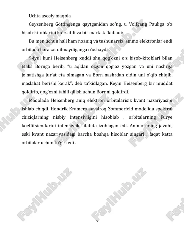 lan o'zaro ta'sirlashganda sodir bo'ladigan atom o'tishlari haqida kuzatuv ma'lumotlarini taqdim etdi . borning izdoshlari nazariyaga faqat spektroskopiya bilan o'lchash mumkin bo'lgan miqdorlarni kiritish kerakligini talab qilishdi. bu miqdorlar spektral chiziqlarning energiya 9 darajalari va intensivligini o'z ichiga oladi, lekin zarrachaning bor orbitasidagi aniq holatini o'z ichiga olmaydi. vodorod atomining asosiy holatidagi elektron yadroning o'ng yoki chap tomonida ekanligini aniqlay oladigan tajribani tasavvur qilish juda qiyin. bunday savollarga javob yo'qligiga chuqur ishonch bor edi. matritsa formulasi barcha fizik kuzatiladiganlar elementlari ikki xil energiya darajasi bilan indekslangan matritsalar bilan ifodalanganligiga asoslanib qurilgan. oxir oqibat , matritsaning o'ziga xos qiymatlari to'plami kuzatilishi mumkin bo'lgan barcha mumkin bo'lgan qiymatlar to'plami deb tushunildi. geyzenberg matritsalari hermitian bo'lganligi sababli , o'z qiymatlari haqiqiydir. kuzatiladigan narsani o'lchashda natija o'lchovdan so'ng darhol tizimning holatini ifodalovchi xos vektorga mos keladigan ma'lum bir xos qiymatdir. matritsa mexanikasidagi o'lchov akti tizimning holatini "yiqadi". agar ikkita kuzatilishi mumkin bo'lgan narsa bir …