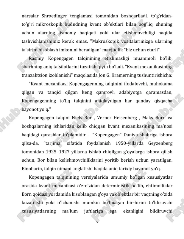 rentsiyasida maks born va heisenbergning ikki tomonlama nutqida "biz kvant mexanikasini yopiq nazariya deb hisoblaymiz, uning asosiy fizik va matematik taxminlari endi hech qanday o'zgartirishga moyil emas" deb e'lon qildi. 1929 yilda heisenberg chikago universitetida kvant mexanikasining yangi sohasini tushuntirib, taklif qilingan bir qator ma'ruzalar o'qidi . keyin ma’ruzalar uning 1930-yilda chop etilgan “kvant nazariyasining fizikaviy tamoyillari” darsligi uchun asos bo‘lib xizmat qildi. kitobning so‘zboshida geyzenberg shunday yozgan: umuman olganda, kitobda avvalgi nashrlarda, xususan, borning tadqiqotlarida topilmaydigan hech narsa yo'q. menimcha, kitobning maqsadi, agar u "kopengagener geist der quantentheorie" [kvant nazariyasining kopengagen ruhi] ning tarqalishiga qandaydir hissa qo'shsa, men o'z fikrimni bildirsam, zamonaviy atom fizikasining butun rivojlanishiga yo'naltirilgan bo'lsa, amalga oshadi. . "kopengagen talqini" atamasi shunchaki ruhdan ko'ra ko'proq narsani nazarda tutadi, masalan, kvant mexanikasining matematik formalizmini talqin qilish uchun ba'zi aniq qoidalar to'plami, ehtimol 1920-yillarga borib taqaladi. biroq, bunday matn mavjud emas va bor va heisenbergning yozuvlari bir nechta …