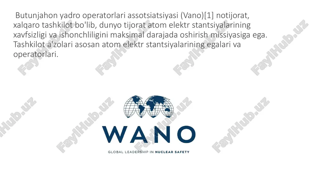 dart va tavsiyalariga rioya qilishga majburdir. iaea yadro energiyasining xavfsiz va tinch maqsadlarda ishlatilishini ta'minlash uchun javobgar bo‘lib, yadro xavfsizligi va radiatsion xavfsizlikka oid bir qator normativ hujjatlar ishlab chiqadi.  yadro qurolidan o'tgan shartnoma (npt)-o'zbekiston 1992 yilda npt (tarqatmaslik to'g'risidagi shartnoma) shartnomasiga qo'shildi. ushbu shartnoma yadro qurollarining tarqalishini oldini olishga, yadro texnologiyalarini faqat tinch maqsadlarda ishlatishga yo‘naltirilgan va yadro qurollari bo‘lgan davlatlar bilan hamkorlikni tartibga soladi.  radiatsiya xavfsizligi bo‘yicha xalqaro kelishuvlar va standartlar – o‘zbekiston, shuningdek, radiatsiya xavfsizligi sohasida xalqaro mehnat tashkiloti (ilo) va boshqa xalqaro tashkilotlar bilan hamkorlikda ishlaydi. bu tashkilotlar mehnat xavfsizligi ‘’yadro xavfsizligi bo‘yicha vena konvensiyasi’’ o‘zbekiston 1997 yilda ‘’yadro xavfsizligi bo‘yicha vena konvensiyasiga’’ qo‘shildi. ushbu konventsiya yadro obyektlarining xavfsizligini ta'minlashga qaratilgan bo‘lib, yadro energiyasining xavfsiz ishlashini tartibga soladi va yadro falokatlarining oldini olishga yo‘naltirilgan. vena konvensiyasi yadro energiyasi ishlab chiqarish va boshqa yadro ob'ektlarida xavfsiz va samarali boshqaruvni talab qiladi. yadro xavfsizligi bo‘yicha xalqaro …