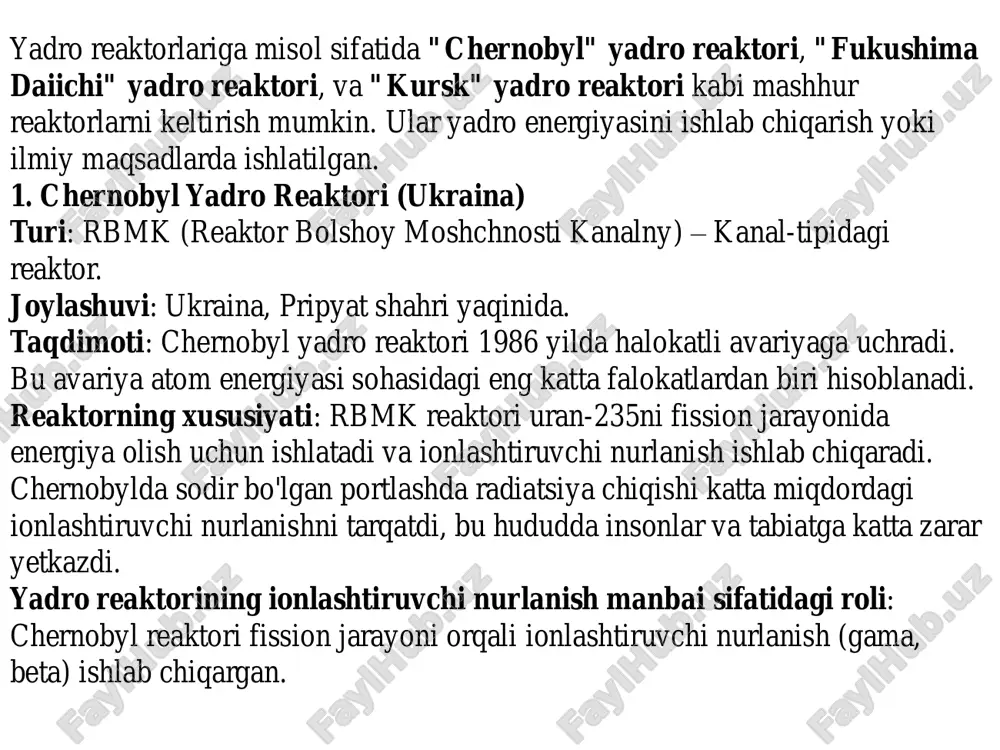 insonlarni zararli ta'sirdan himoya qilish uchun turli mexanizmlar joriy qilinadi. bular – radiatsiyaga qarshi himoya devorlari, xavfsizlik testlari va reaktor dizaynidagi himoya tizimlari. ionlashtiruvchi nurlanishdan foydalanish tibbiyotda qo'llanilishi: ionlashtiruvchi nurlanish, ayniqsa gama nurlanishi, tibbiyotda rentgen tasvirlar olish, kompyuter tomografiyasi (kt) va radioterapiya jarayonlarida qo'llaniladi. yadro reaktorlarida hosil bo'ladigan ionlashtiruvchi nurlanish tibbiyotda saraton kasalliklarini davolash uchun ishlatiladi. sanoat va ilmiy tadqiqotlarda: yadro reaktorlaridan chiqqan ionlashtiruvchi nurlanish sanoatda materiallarni tekshirishda va ilmiy tadqiqotlar (masalan, yadro fizikasidagi eksperimentlar)da qo'llaniladi. gama nurlanishi orqali materiallarning ichki tuzilishini aniqlash mumkin. xulosa yadro reaktorlarining ionlashtiruvchi nurlanish manbai sifatidagi roli: yadro reaktorlarining asosiy maqsadi energiya ishlab chiqarish bo'lsa-da, ular ilmiy, tibbiy va sanoat sohalarida ham muhim rol o'ynaydi. yadro reaktorlari ionlashtiruvchi nurlanish manbai sifatida foydalidir, lekin uning xavfini kamaytirish uchun xavfsizlik protokollariga qat'iy rioya qilish zarur. xavfsizlik choralari: yadro reaktorlari va ionlashtiruvchi nurlanish bilan ishlashda xavfsizlikni ta'minlash uchun ko'plab himoya choralari mavjud. radiatsiya xavfi bo'yicha ishlab chiqilgan protokollar …
