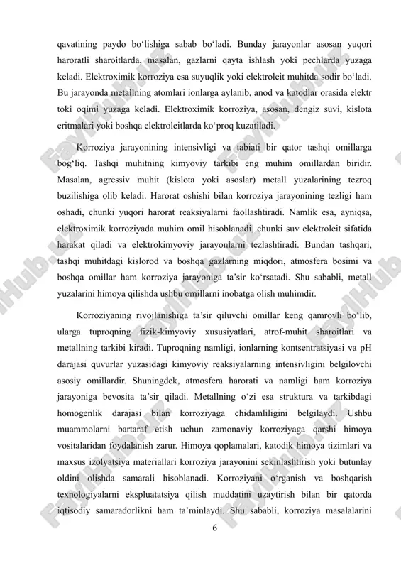 era namligi 60%dan oshganda metall sirtida adsorbtsion va namlikning fazaviy qatlamlari hosil bo`lib, atmosferani ifloslantiruvchi qo`shimchalar (so2, nh3, no2) bu qatlamda eriydi va elektrolit hosil qilib korrozion jarayonlarni tezlashtiradi. korrozion jarayon kimyoviy turdan elektrokimyoviy turga o`tadi. xlorli muhitda korroziya metallning cl2 va hcl bilan reaksiyalari natijasida sodir bo`ladi. reaksiya natijasida mesl2 yoki mesl3 turlaridagi metall xloridlari hosil bo`ladi. bu reaksiya ekzotermik tavsifda bo`lganligi uchun metall sirti yonishi mumkin. bunday reaksiyalar alyuminiyda (1600s), temirda (3000s), misda (3000s) sodir bo`ladi va korroziya juda tezlashadi. suyuq metall muhitlarda korroziya asosan ishqoriy metallar eriganda (li, na, k) va og`ir metallarda (pv, bi, mg) sodir bo`ladi. bu korroziya turi juda murakkab holatda kechadi va maxsus usullar yordamida o`rganiladi. eletrokimyoviy korroziya geterogen elektrokimyoviy reaksiyalar bo`lib, unga suvli eritmalarda, nam gazlarda, tuz va ishqoriy eritmalarda sodir bo`ladigan jarayonlar kiradi va metallning muhit bilan o`zaro ta`siri natijasida elektr toki hosil bo`lishi kuzatiladi. elektrokimyoviy korroziya sodir bo`lish sharoiti, muhitning …