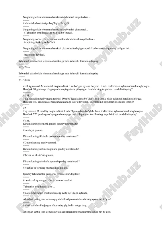 akatga mos keluvchi formulani toping ==== #.t=2p/ω tebranish davri erkin tebranma harakatga mos keluvchi formulani toping ==== #.t=2p/ω m=1 kg massali m material nuqta radiusi 1 m bo’lgan aylana bo’ylab 1 m/s tezlik bilan aylanma harakat qilmoqda. burchak 90 gradusga o’zgarganda nuqtaga tasir qilayotgan kuchlarning impulslari modulini toping? ===== #1.41. 1 kg massali moddiy nuqta radiusi 10m bo’lgan aylana bo’ylab 1 m/s tezlik bilan aylanma harakat qilmoqda. burchak 180 gradusga o’zgarganda nuqtaga tasir qilayotgan kuchlarning impulslari modulini toping? ==== #2. 1kg massali m moddiy nuqta radiusi 1 m bo’lgan aylana bo’ylab 1m/s tezlik bilan aylanma harakat qilmoqda. burchak 270 gradusga o’zgarganda nuqtaga tasir qilayotgan kuchlarning impulsini lari modulini toping? ==== #1.41. dinamikaning birinchi qonuni qanday nomlanadi? ==== #inertsiya qonuni. dinamikaning ikkinchi qonuni qanday nomlanadi? ==== #dinamikaning asosiy qonuni. ==== dinamikaning uchinchi qonuni qanday nomlanadi? ==== #ta’sir va aks ta’sir qonuni. dinamikaning to’rtinchi qonuni qanday nomlanadi? ==== #kuchlar ta’sirining mustaqilligi qonuni. …