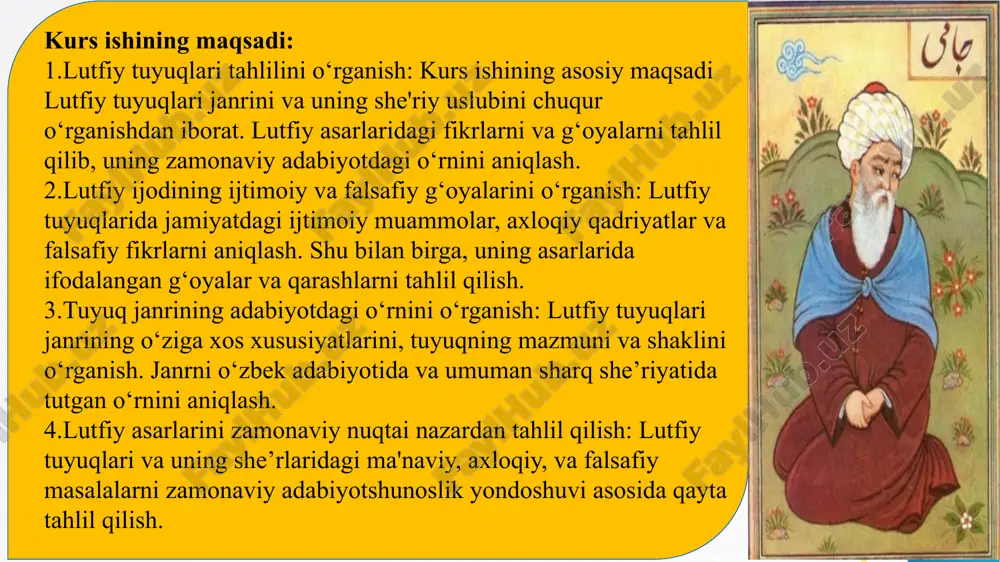 r aks ettirilgan. nasihatohang mazmun: ushbu janrda yozilgan asarlar ko‘pincha pand-nasihatlar va hayotiy hikmatlar bilan boyitilgan. 4. ruboiy lutfiy lirik merosida ruboiy janri ham muhim ahamiyatga ega. chuqur falsafiy mushohada: ruboiylar ko‘pincha insonning hayotdagi o‘rni, o‘tkinchilik va boqiylik mavzularini yoritadi. badiiy joziba: ularning qisqaligi va so‘z o‘yinlari ruboiylarni ma’noli va ohangdor qiladi. 5. masnaviy masnaviy lutfiy ijodida ko‘p uchramasa-da, bu janrda yozilgan ayrim asarlar shoirning epik salohiyatini namoyon qiladi. muhim xususiyati: masnaviyda hikoyaviylik va obrazlilik ustun bo‘lib, badiiy tasvir va voqealar rivoji ustida ishlangan. lutfiy janrlarining xususiyatlari lutfiy she’riyati o‘zining mazmun va shakldagi go‘zalligi, badiiy tasvir va g‘oyaviy yuksakligi bilan ajralib turadi. ishq, axloq, tasavvuf va hayotiy kuzatuvlar uning lirik merosining asosiy mavzulari bo‘lib, ular yuqoridagi janrlarda turlicha aks etgan. badiiy san’atlardan keng foydalanish, so‘z o‘yinlari va qafiya tizimidagi mukammallik shoirning janrlar ustidagi mahoratini ko‘rsatadi. lutfiy lirik merosi gazal, tuyuq, qit’a, ruboiy va masnaviy kabi janrlardagi turli asarlarni o‘z ichiga …
