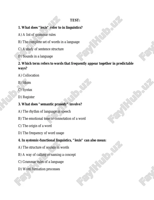 an example of formulaic language? ." a) "can i help you?" b) "the weather is quite unpredictable." c) "i'll analyze the results." d) "language is complex 6. what is a "register-specific" word? a) a word that has the same meaning in all contexts b) a word used differently based on social or situational context c) a word borrowed from another language d) a word with multiple dictionary definitions 7. which of the following describes "language use"? a) how a language could be used in theory b) how words are most likely used in real contexts c) the historical development of language d) a list of possible language rules 8. which phrase is an example of a "collocation"? a) "fulfill needs" b) "go to the movies" c) "heavy light" d) "new happy" 9. if a student wants to improve their lexis, they should: a) focus only on grammar rules b) memorize …