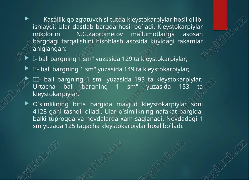 axshi samara beradi. kartoshkachilikka ixtisoslashgan urug’chilik xo’jaliklarida ekinzorlar seriologik tekshirishdan o’tkazilib, virus kasalligi belgisiga ega bo’lgan o’simliklar daladan terib chiqarib tashlanadi. virus kasalliklarining mevali bog’larda, qulupnayda tarqalishiga yo’l qo’ymaslik uchun ko’chatlar sog’lom o’simlikdan tayyorlashi shart. buning uchun onalik bog’larini muntazam nazoratdan o’tkazib turish kerak. virus infeksiyasidan urug’lik va ko’chatlarning kasallanmasligi uchun ularni termoterapiya usulida davolanishi lozim. ko’chat tayyorlashda onalik o’simliklarning, uchki merestsmalarini sog’lom qismidan tanlash ham muhimdir.  virus kasalliklariga qarshi kurashda agrotexnik tadbirlar ham muhimdir. o’z vaqtida o’tkazilgan agrotexnik tadbirlar o’simliklarning o’sish va rivojlanishni tezlashtiradi. ayniqsa ekinlarni muddatida ekish, ekinlar urug’ini talab darajasida tayyorlash, o’g’itlarni me’yorida qo’llash kasallikning zararini kamayishiga olib keladi. viruslar keltirib chiqargan kasalliklarga qarshi kurashda kimyoviy usulning samaradorligi yaxshi bo’lmasada, ularni o’tkazish ma’lum miqdorda iqtisodiy samaradorligiga olib keladi. viruslar pestisidlarga nisbatan yuksak chidamlilikni namoyon qiladi. chunki, viruslar hujayra ichida hayot kechirganligidan pestisidlar dastlab hujayralarga salbiy ta’sir ko’rsatadi. virus kasalliklariga qarshi imanin, arenarin antibiotiklari qo’llash pomidor, tomakining …