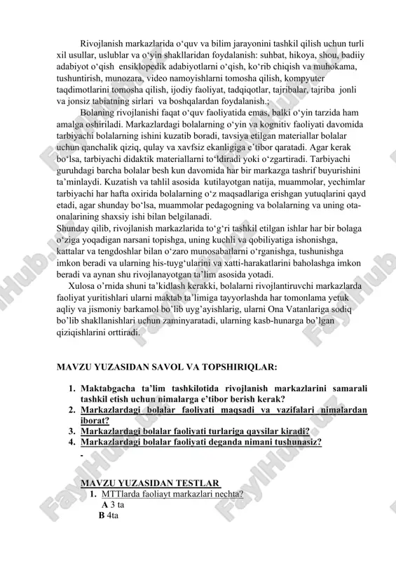 lay muhitdir. bu markazni bolaning “men”ini shakllantiruvchi markaz deb ham atash mumkin. markazdagi barcha jihozlar bolalar hayotida uchraydigan jihozlar bo’lib, o’yim jarayonida bola ulardan foydalanishni o’rganadi, kasblar bilan yaqindan tanishish imkoniga ega bo’ladi. o’yinda oila a’zolarining o’zaro munosabatlari aks etadi va ularning axloqiy tarbiya olish imkonini yaratiladi. ilm-fan va tabiat markazida tajriba sinov maydonchasida o’tkazilayotgan tajribalar bolalarda qiziqish uyg’otadi va ularni yangi ixtirolar qilishga undaydi. bu markaz bolalarni tabiat va undagi hodisalarni bilish uchun eng katta imkoniyat markazi hamdir. markaz faoliyati to’g’ri tashkil etilsabolalar tabiat haqidagi bilimlarning 90%ini o’zlashtiradi.markaz nafaqat bolalarda balki pedagoglarga ham qiziqish uyg’otadi. hayotimiz davomida ishlatiladigan narsalarni qayerdan kelganligini, ulardan nimalar olinganligi haqidagi ma’lumotlar bolalarning o’z qo’llari bilan urug’larni tuvaklarga sepish orqali unga suv quyishi va urug’ unib chiqishi bola uchun juda qiziqarli hodisalar hisoblanadi. 4. pedagogning faoliyati:  bolalarni tabiat, musiqa va ijod dunyosiga jalb qilish va bolani o‘rgatish;  mustaqil ravishda bilimlarni egallash, bilimga bo‘lgan …
