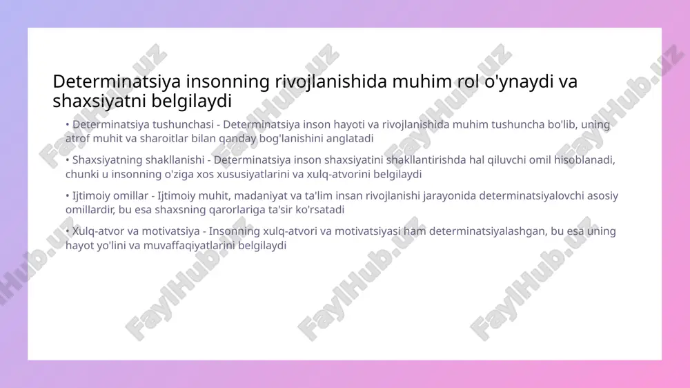 g o'z-o'zini anglash jarayoni turli davrlarda rivojlanadi • emosional intellekt - o'z-o'zini anglash emosional intellektni shakllantiradi va shaxsiy munosabatlar uchun muhim ahamiyatga ega • o'z-o'zini rivojlantirish - shuningdek, o'z-o'zini anglash shaxsni rivojlantirish va yangilanish jarayonida muhim rol o'ynaydi rivojlanish jarayonlari psixologik sog'liqni ta'minlaydi • rivojlanishning ahamiyati - rivojlanish jarayonlari insonlarning psixologik sog'lig'ini yaxshilashda muhim rol o'ynaydi. o'z-o'zini anglash va ijtimoiy munosabatlarni rivojlantirish psixologik barqarorlikka yordam beradi. • zehin va hissiyotlar - rivojlanish jarayonlari asarida insonning zehni va hissiyotlari o'zaro ta'sir qiladi. salbiy hissiyotlar va stress darajasi pasayishi psixologik farovonlikni oshiradi. psixologiya nazariyasi va amaliyoti bir-birini to'ldiradi • nazariy asoslar - psixologiya nazariyasi inson ruhiyatini chuqur o'rganishga yordam beradi va amaliyotda qo'llaniladigan tushunchalar o'zaro bog'liqdir • amaliy ahamiyat - amaliy psixologiya nazariy bilimlarni hayotiy vaziyatlarda qo'llash orqali insonlar uchun foydali yechimlarni taqdim etadi • tadqiqot va innovatsiya - nazariy psixologiya yangi tadqiqotlar va innovatsiyalar orqali rivojlanadi hamda amaliyotda qo'llanishini ta'minlaydi • …