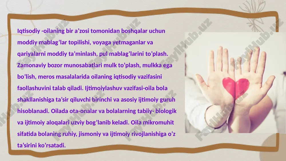 payishiga olib keldi. biznes qator tijorat sohalarida bugun axborotni o'zining eng qimmatli mulki deb biladi. bu albatta ommaviy axborot va hamma bilishi mumkin bo'lgan axborot haqida gap borganda o'ta ijobiy hodisa lekin maxfiy axborot oqimlari uchun internet texnologiyalari qulayliklar bilan bir qatorda yangi muammolar keltirib chiqardi. internet muhitida axborot xavfsizligiga tahdid keskin oshdi. oilaning vazifasi bolani asta-sekinlik bilan jamiyatga tayyorlashdir. oilada insonga ta’lim va tarbiya beriladi, uning aqliy, ijodiy qobiliyatlarining rivoji sodir bo’ladi. aynan oilada bola mehnat va mustaqillikka o’rganadi.xo’jalik-maishiy - oila jamiyatning asosiy va doimiy xo’jalik negizidir. unda oila a’zolarining jismoniy holatini bir maromda ushlab turish, kasallar va qariyalarga g’amxo’rlik qilish amalga oshiriladi. tarbiyaviy vazifa . biz bu funksiyani alohida ajratib ko’rsatamiz, chunki u bolaning ilk ijtimoiylashuvi jarayonida muhim rol o’ynaydi. bola shakllanishiga shuningdek, atmosfera va iqlimning ta’siri ham bor. tarbiyaning eng muhim vositalaridan biri shaxsiy namunadir. lorem ipsum dolor sit amet, consectetur adipiscing elit. duis urna quam, convallis …