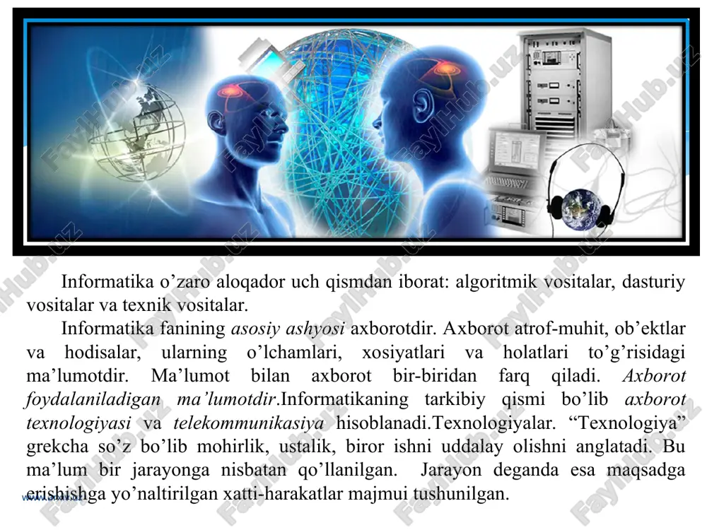 nson qabul qilish uchun ushbu raqamlar orqali xarflarning tasviri quriladi. xarflar to’plami va raqamlar o’rtasidagi moslik belgilarni kodlashtirish deb ataladi.www.arxiv.uz kompyuterda barcha raqamlar 0 va 1 orqali ifodalanadi. kompyuter ikkilik sanoq sistemasida ishlaydi. kompyuterda axborot birligining o’lchovi bo’lib bit, ya’ni 0 yoki 1 qiymatni qabul qilishi mumkin bo’lgan ikkilik razryad hisoblanadi. kompyuter komandalari alohida bitlar bilan emas, balki sakkiz bit bilan birgalikda ishlaydi. sakkizta ketma-ket bit bir baytni tashkil etadi. baytlar yordamida raqamli ko’rinishda ifodalangan har qanday axborotni kodlashtirish mumkin. bir baytda 256 xil belgilardan birining qiymatini kodlashtirish mumkin (256 = 28) bo’ladi. baytning qiymati uchun undagi bitlarning joylashgan o’rni muhimdir. axborotda qatnashgan har qanday belgi 1 bayt hajmli deb hisoblanadi. masalan, “sh” harfi - 1 bayt, “kitob” – 5 bayt hajmga ega. bir bayt 0 dan 255 qiymatni qabul qilishi mumkin. www.arxiv.uz www.arxiv.uz 1 kilobayt (kb) = 1024 bayt 1 megabayt (mb) = 1024 kbayt 1 gigabayt (gb) = …