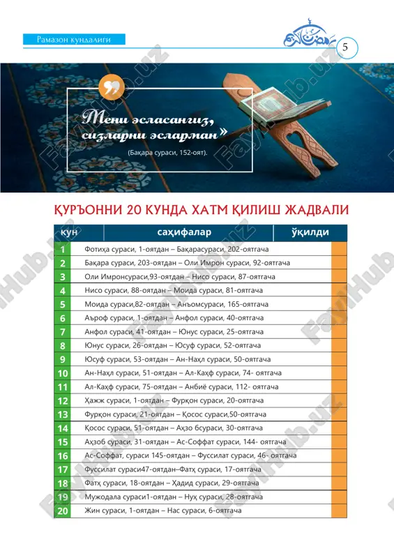 rish sadaqa bo'yicha rejalarim: saharlik: iftorlik: karam do'lma, ayron saharlik: iftorlik: namozlarim: namozlarim: talbina, qiymali quymoq; osh, salat marjumak sho'rva, somsa, kompot 04:00 08:15 12:30 17:30 19:30 21:00 21:10 01:30 04:00 08:15 12:30 17:30 19:30 21:00 21:10 01:30 -hovlini supurish - “qur'oni karim ma'nolari tarjimasi”dan 20 sahifa o'qish -bolalar bilan “qur'on fazilatlari” kitobidan keyingi mavzuni o'qish -internetdan foydali maqolalar o'qish -muzlatkichni tozalash -200 ta istig'for aytish -bolalarni sayrga olib chiqish -“ruhiy tarbiya” kitobidan 30 sahifa o'qish -bolalar bilan hayit tabriknomalari yasash -kiyim javonini yig'ishtirish -100 ta salavot aytish -1 kunlik qazo namozlarini o'qish -10 ta arabiy so'z yodlash ramazon ramazon 01 02 o'zingni o'zgartirsang, holat o'zgaradi qilinadigan ishlar: qilinadigan ishlar: ramazon kundaligi 13 qur'on bo'yicha rejalarim: qur'on bo'yicha rejalarim: sadaqa bo'yicha rejalarim: sadaqa bo'yicha rejalarim: saharlik: iftorlik: saharlik: iftorlik: namozlarim: namozlarim: ramazon ramazon 01 02 o'zingni o'zgartirsang, holat o'zgaradi qilinadigan ishlar: qilinadigan ishlar: ramazon kundaligi qur'on bo'yicha rejalarim: qur'on bo'yicha …