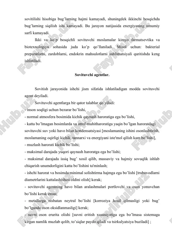 i hosilalari hisoblanadi. freonlarning turi ko’p bo’lib, kimyoviy nomlanishi o’rniga r – soni bilan nomlanadi. m: eng ko’p ishlatiladigan freonlardan freon 12[eki r- 12 diftor dixlor metan] va freon 22 [eki r- 22 diftor dimonoxlor metan] dir. freonlar hidsiz bo’lib, kam miqdorlarda ishlatilganda odam uchun xavfsiz hisoblanadi. katta miqdordagi freonlar bilan ishlanganda agar tarmoq yoki tizimdan freon ko’p moqdorda chiqib ketsa [hajmjihatidan 30%] nafasni qisishiga olib keladi. freon havodan ko’ra 3,5 baravar oqir bo’lgani uchun havodagi kislorodni siqib chikaradi,. odatda freonlar metallarni korroziyaga uchratmaydi. agar tarkibida namlik bo’lsa metallar korroziyaga uchraydi. freon bilan ishlaydigan moslamalarning germetikligiga aloqida e'tibor berish kerak. freonlarni sistemadan chiqib ketishini payqash qiyin, chunki ular xidsiz. freonlar shuningdek metalmas birikmalarni quritib yuborishi mumkin. shuning uchun freonli moslamalarda freonga chidamli moslamalar ishlatiladi. freon yog’da yaxshi eriydi. freon ammiakdan 2 baravar og’ir bo’lib, sovituvchi moslamalarining trubalar diametri kattaroq bo’lishi kerak. sovuqlik tashuvchilar sovitiluvchi ob'ektlardan issiqlikni sovituvchi moslamaga etkazib beruvchi …
