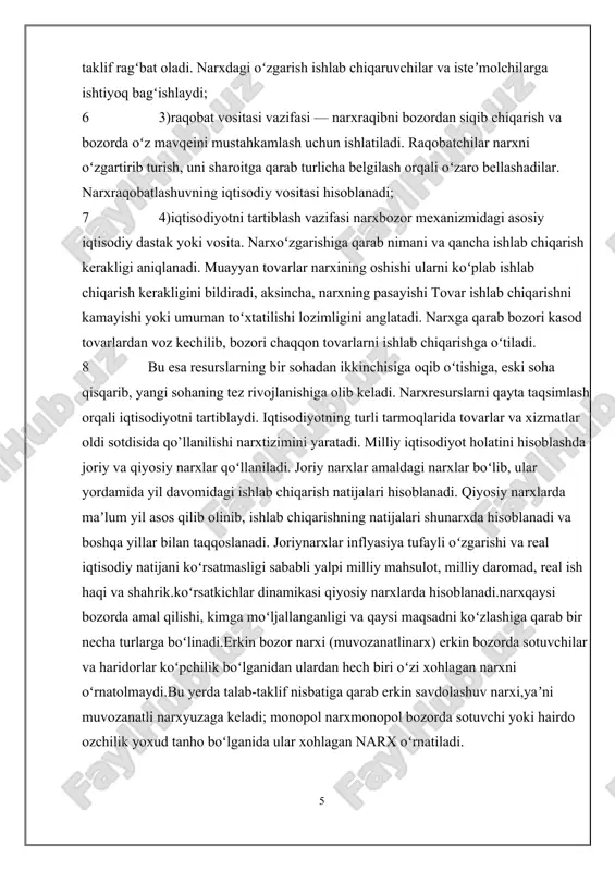 rxga qarab bozori kasod tovarlardan voz kechilib, bozori chaqqon tovarlarni ishlab chiqarishga oʻtiladi. 8 bu esa resurslarning bir sohadan ikkinchisiga oqib oʻtishiga, eski soha qisqarib, yangi sohaning tez rivojlanishiga olib keladi. narxresurslarni qayta taqsimlash orqali iqtisodiyotni tartiblaydi. iqtisodiyotning turli tarmoqlarida tovarlar va xizmatlar oldi sotdisida qo’llanilishi narxtizimini yaratadi. milliy iqtisodiyot holatini hisoblashda joriy va qiyosiy narxlar qoʻllaniladi. joriy narxlar amaldagi narxlar boʻlib, ular yordamida yil davomidagi ishlab chiqarish natijalari hisoblanadi. qiyosiy narxlarda maʼlum yil asos qilib olinib, ishlab chiqarishning natijalari shunarxda hisoblanadi va boshqa yillar bilan taqqoslanadi. joriynarxlar inflyasiya tufayli oʻzgarishi va real iqtisodiy natijani koʻrsatmasligi sababli yalpi milliy mahsulot, milliy daromad, real ish haqi va shahrik.koʻrsatkichlar dinamikasi qiyosiy narxlarda hisoblanadi.narxqaysi bozorda amal qilishi, kimga moʻljallanganligi va qaysi maqsadni koʻzlashiga qarab bir necha turlarga boʻlinadi.erkin bozor narxi (muvozanatlinarx) erkin bozorda sotuvchilar va haridorlar koʻpchilik boʻlganidan ulardan hech biri oʻzi xohlagan narxni oʻrnatolmaydi.bu yerda talab-taklif nisbatiga qarab erkin savdolashuv narxi,yaʼni muvozanatli …