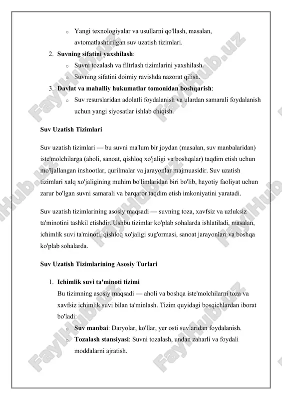 ik stansiyalaridagi chiqindilarni sovutish uchun ishlatilishi. suv uzatish tizimlarining asosiy elementlari 1. suv manbalari suv uzatish tizimlarining asosiy elementi — suv manbalari bo'lib, ular quyidagi turdagi bo'lishi mumkin: o yuqori darajadagi suv omborlari: daryolar, ko'llar, maxsus suv omborlari. o yer osti suvlar: buning uchun boringan quduqlar yoki artesian quduqlar ishlatiladi. 2. nasoslar nasoslar — suvni kerakli joyga yetkazib berish uchun ishlatiladigan mexanik qurilmalar. suvni uzatish uchun quvurlarda kerakli bosimni yaratish va suvni yuqori yoki past balandliklarga ko'chirish uchun ishlatiladi. 3. quvurlar va tarmoqlar suvni uzatish uchun tarmoqlar va quvurlar kerak bo'ladi. bu quvurlar suvni bir nuqtadan boshqasiga uzatishga yordam beradi. quvurlar turli materiallardan bo'lishi mumkin, masalan: o plastik quvurlar: oson o'rnatish va arzonligi sababli keng qo'llaniladi. o po'lat quvurlar: katta bosimni ushlab turish va uzoq muddat xizmat qilish imkoniyati bilan ajralib turadi. o chuqur quvurlar: asosan yer osti suvlarini olish uchun ishlatiladi. 4. suv tozalash stansiyalari suvni tozalash stansiyalari, suvni …