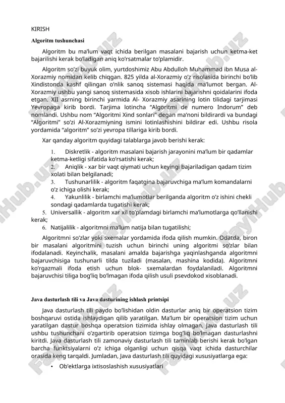 k bo’lgan. bundan tashqari turli ishlab-chiqaruvchilarning qurilmalari har-xil protsessor ishlatishi mumkin bo’lganligi uchun dasturlash tili bir qurilma arxitekturasiga bog’liq bo’lib qolmasligi ham kerak edi. proyekt “green” deb nom oldi. paskal dasturlash tilining asoschisi niklaus wirth birinchi bor portativ dasturlash tilini yaratish g’oyasi bilan chiqqan. ushbu dasturlash tilida abstrakt mashina (ko’p xollarda bular virtual mashina deb ataladi) uchun dastur kodi generatsiya qilinib, keyin esa ushbu dastur kodi o’ziga mos interpretatori mavjud barcha mashinada ishlatilishi mumkin edi. “green” proyekt muhandislari yaratayotgan dasturlash tilida virtual mashina va paskal dasturlash tilidan farqli o’laroq obyektlarga ihtisoslashish printsiplarini qo’llab yangidasturlash tilini yaratdilar. yaratilgan dasturlash tili java deb nomlandi. 1996 yilda sun kompaniyasi java dasturlash tilining birinchi versiyasini chiqardi. java 1.0 versiyasi imkoniyatlari unchalik ko’p bo’lmasada, 1998 yilda keyingi java 1.2 versiyasida oldingi kamchiliklar to’ldirilib qo’shimcha imkoniyatlar qo’shildi. ushbu versiyadan boshlab java dasturlash tillari qatorida barqarorlashdi va rasman java 2 deya nomlana boshlandi. java 1.3 va 1.4 …