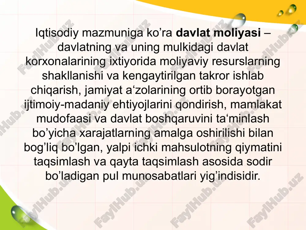 romadlar tartibga soluvchi byudjetlararo transfertlar qaytarilmaslik shar-ti bilan yuqori turuvchi byudjetlan quyi turuvchi byudjetga xarajat- larining tegishli daromadlar prognoz- laridan oshgan qismini qoplash uchun beriladigan pul mablag'lari byudjet tasnifi: “davlat byudjeti, davlat maqsadli jamg'armalari byudjetlarining daromadlari va xarajatlarini, shuningdek, byudjet taqchilligini moliyalashtirish manbalarini guruhlash” • davlat byudjetini tuzish, ko'rib chiqish, qabul qilish hamda ijro etish maqsadida byudjet ma'lumotlarini bir tizimga solish uchun foydalaniladi; • mamlakat byudjet ma'lumotlarini xalqaro tasnif tizimlarining aynan shunday ma'lumotlari bilan qiyoslash imkonini beradi. byudjet tasnifining ahamiyati byudjet tasnifini tuzishning asosiy tamoyillari: to'liqlilik yagonalik o'zaro muvofiqlik 1 2 3 byudjet tasnifi byudjet tasnifining turlaribyudjet tasnifining turlari byudjet tasnifi davlat byudjeti daromadlari tasnifi davlat byudjeti taqchilligini moliyalashtirish manbalari tasnifi 1 2 3 davlat byudjeti xarajatlari tasnifi • barcha darajadagi byudjetlar daromadlari, davlat maqsadli jamg'armalari hamda byudjet tashkilotlarining byudjetdan tashqari daromadlarining guruhlanishidan iborat davlat byudjeti daromadlarining tasnifi: daromadlar tasnifi tuzilmasi 4 qismga ega: mablag'lar manbasi va byudjetlar darajasi tasnifi …