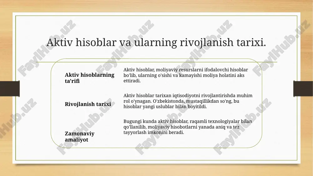 gan xatolar natijasida yuzaga keladi. 2 xatolar turlari - eng keng tarqalgan xatolar orasida hisob raqamlarini noto'g'ri kiritish, hisoblarning o'zaro bog'liqligini e'tiborsiz qoldirish va muddatlarni noto'g'ri belgilash mavjud. 3 xatolarni tuzatish - xatolarni tuzatish uchun dastlabki yozuvlarni ko'rib chiqish, to'g'ri ma'lumotlarni kiritish va zarur bo'lsa, korrigirovkalar kiritish zarur. 4 o'zbekiston amaliyoti - o'zbekistonda passiv hisoblar bilan bog'liq xatolarni tuzatish uchun moliyaviy nazorat va audit jarayonlari muhim ahamiyatga ega. bu jarayonlar xatolarni aniqlashda yordam beradi. aralash hisoblar: ta'rifi va turlari. 1 aralash hisoblar: ta'rifi aralash hisoblar - aktiv va passiv hisoblarning kombinatsiyasi bo'lib, ular turli moliyaviy resurslarni birlashtiradi va muvozanatni ta'minlaydi. 2 aralash hisoblar turlari aralash hisoblar asosan uch xil turga bo'linadi: doimiy, vaqtinchalik va shartli hisoblar. har bir tur o'ziga xos xususiyatlarga ega. 3 aralash hisoblarning ahamiyati aralash hisoblar moliyaviy hisobotlarda muvozanatni saqlashda muhim rol o'ynaydi, shuningdek, tashkilotlar uchun strategik qarorlar qabul qilishda yordam beradi. aralash hisoblarning moliyaviy hisobotlardagi o'rni. …