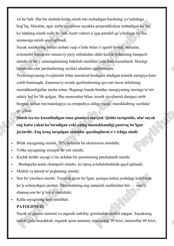 ishini to’xtatish murakkab vazifa sanaladi va qiyin parchalanib sinishlarda faqatgina jihozlangan operatsion xonada amalga oshirilishi mumkin. jarohat oqibatlari suyak singanidan keyin qon ketishi va kuchli og’riq paydo bo’ladi. naysimon suyaklarining to’liq sinishida suyak bo’laklarining siljishi kuzatiladi. buning sababi shundaki, og’riq paydo bo’lganda mushaklar refleksiv ravishda qisqaradi, ular suyaklarga birikkanligi tufayli esa singan suyak oxirlarini tortadi va jarohatni og’irlashtiradi. yopiq sinishda jarohat sohasida gematoma shakllanadi, ochiq sinishda esa kuchli qon ketishi kuzatiladi. singan suyak sohasida mushak qavati qanchalik massiv bo’lsa, suyak bo’laklarining repozitsiyasi va suyakning to’g’ri tiklanishi uchun to’g’ri holatda turishi shunchalik qiyin bo’ladi. son suyaklari sinishida sariq suyak iligidan yog’li emboliya rivojlanishi mumkin, bu salomatlikning keskin yomonlashuvi va hatto o’limga olib kelishi ehtimoli mavjud. regeneratsiya jarohatdan keyin siniqlarning bitishi yangi to’qimaning shakllanishi bilan birga kechadi, natijada suyak qadog’i paydo bo’ladi. sinishning tuzalish muddati yoshga (bolalarda tezroq), organizmning umumiy holati va mahalliy sabablar — siniqlarning bir-biriga nisbatan joylashuvi, jarohat turi va …