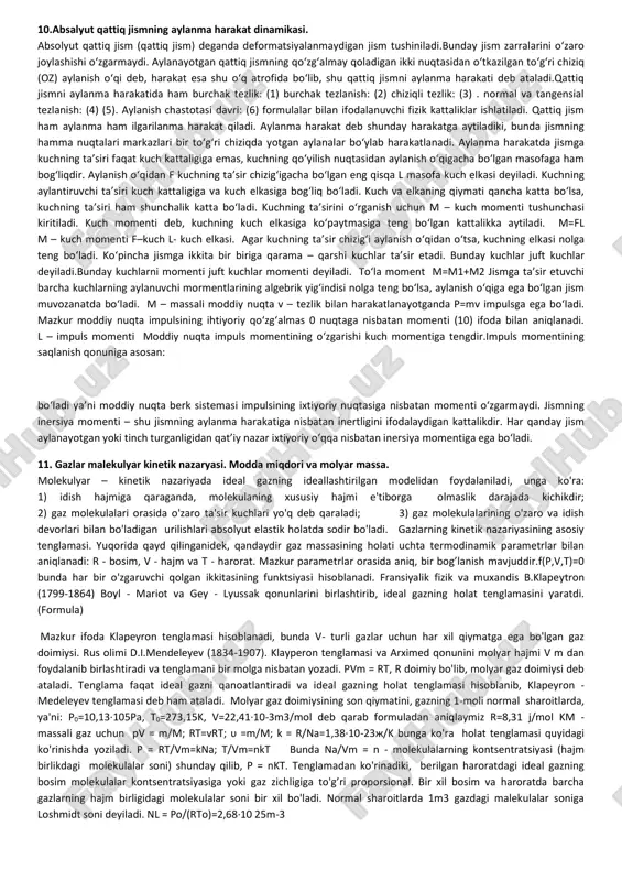interferensiyasi - ikkita yoki bir nechta yorugʻlik toʻlqinlarining qoʻshilishi natijasida yorugʻlik nurlanishi energiyasining fazoda qayta taqsimlanishi (qarang interferensiya); toʻlqin interferensiyasining xususiy holi. yorugʻlik difraksiyasi - tor maʼnoda — yorugʻlikning noshaffof jismlar (ekranlar) chegaralarini aylanib oʻtish hodisasi . yorugʻlikning qutblanishi - yorugʻlik toʻlqinlari elektr e va magnit h maydoni kuchlanganliklari vektorlarining yorugʻlik nuriga tik tekislikda tartibli joylashuvi. yorugʻlikning qutblanishi atamasini fanga i. nyuton kiritgan. 16.elektromagnit indukstiya xodisasi. faradey tajribasi. .magnit maydon induksiyasining shu induksiya chiziqlari otayotgan yuzaga kopaytmasi magnit oqimi deyiladi. elektromagnit induksiya hodisasini 1831 yili faradey kashf qilgan. hodisa shundan iboratki, har qanday berk otkazgich konturi bilan chegaralangan yuz orqali otayotgan magnit induksiya oqimi ozgargan vaqtda shu konturda elektr tok paydo boladi. bu tokka induksion tok deyiladi. ushbu induksion toklarning yo’nalishini aniqlash qoidasini 1831 yilda italiyalik fizik nobili leopardo taklif qildi. nemis fizigi neyman esa 1846 yilda induksiya qonunining matematik tenglamasini berdi. galvanometrga ulangan a solenoidning bir uchiga ozgarmas magnitni …