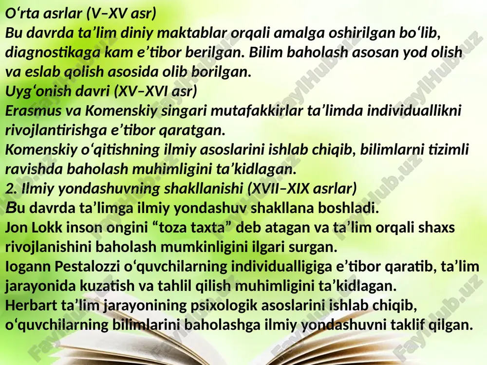 da ta’lim samaradorligini oshirishga xizmat qiladi. uning rivojlanish tarixi uzoq davrlarga borib taqaladi va turli bosqichlarni o‘z ichiga oladi. 1. ilk bosqich: antik davrdan uyg‘onish davrigacha antik davr (mil. avv. v asr – mil. i asr) pedagogik diagnostikaning ilk shakllari qadimgi gretsiya va rim madaniyatida ko‘rinish bergan. masalan: sokrat savol-javob (maievtika) usuli orqali o‘quvchilarning fikrlash darajasini baholashga harakat qilgan. platon va aristotel o‘quvchilarning individualligini hisobga olish zarurligini ta’kidlaganlar. pedagogik diagnostikaning rivojlanishi qadimgi davrlardan boshlab bugungi kunga qadar murakkab bosqichlarni bosib o‘tgan. ilk yondashuvlar asosan yod olish va og‘zaki baholashga asoslangan bo‘lsa, hozirgi zamonaviy diagnostika raqamli texnologiyalar va individual yondashuvlar bilan boyitilgan. kelajakda sun’iy intellekt va big data texnologiyalarining pedagogik diagnostikaga yanada chuqur integratsiyasi kutilmoqda, bu esa ta’lim sifatini yanada oshirishga xizmat qiladi. pedagogik diagnostika ta’lim jarayonini tahlil qilish, o‘quvchilarning bilim, ko‘nikma va malakalarini baholash hamda ta’lim samaradorligini oshirishga xizmat qiladi. uning rivojlanish tarixi uzoq davrlarga borib taqaladi va turli bosqichlarni …