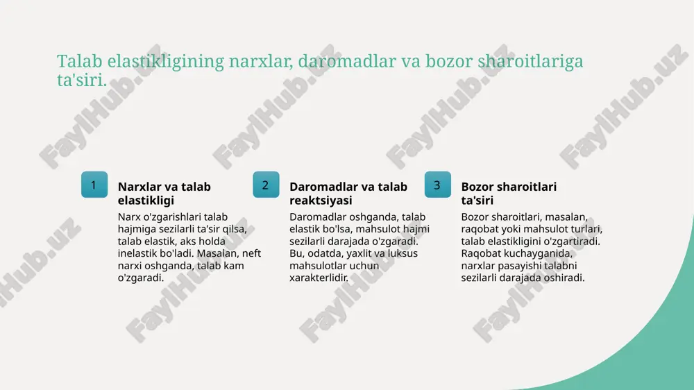 a ishlab chiqarishni optimallashtirishda muhim rol o’ynaydi. 2 narx siyosati va iqtisodiy ta’sirlar narx va xarajatlar siyosati, elastiklik darajasiga qarab, iqtisodiy barqarorlikni ta’minlaydi, soliqlar va subsidiyalar bilan boshqariladi. 3 mamlakat iqtisodiyotida elastiklik rolielastiklik mamlakat iqtisodiy rivojlanishga ta’sir qiladi, resurs taqsimoti va narxlarni boshqarishda davlat va bozorlarning samarali strategiyalarini shakllantiradi. foydalanilgan adabiyotlar • 1. o‘zbekiston respublikasi davlat statistika qo‘mitasi. iqtisodiy elastiklik tahlili. toshkent, 2020. • 2. sharipov, s. talab va taklif elastikligi: nazariy va amaliy jihatlari. o‘zbekiston iqtisodiyoti jurnali, 2018. • 3. islomov, a. elastiklikning iqtisodiy muhimligi. toshkent davlat universiteti matbuoti, 2019. • 4. qodirov, m. iqtisodiy muhitda talab va taklif elastikligi. o‘zbekiston respublikasi markaziy banki, 2021. • 5. abdullayeva, n. elastiklik tushunchasi va uning iqtisodiy ahamiyati. o‘zbekiston respublikasi moliya vazirligi, 2022. e'tiboringiz uchun rahmat! talab va taklif elastikligi reja talab elastikligining asosiy tushunchasi va uning iqtisodiy muh talab elastikligini o'lchash usullari va ularning amaliy qo'lla talab elastikligining narxlar, daromadlar va …