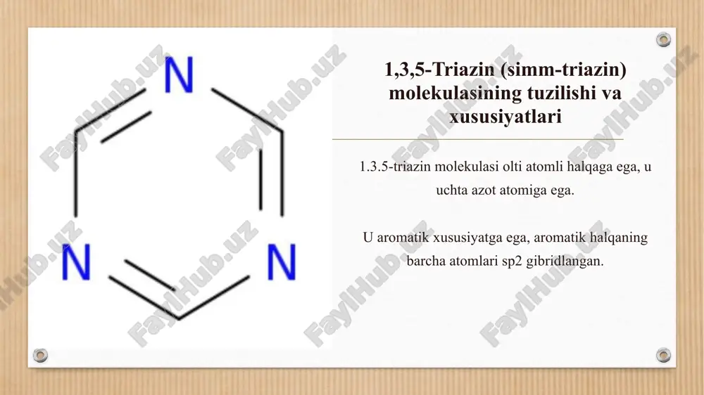 triazinlar. 1,3,5-triazin molekulasining tuzilishi, olinish usullari, kimyoviy xossalari - Page 5