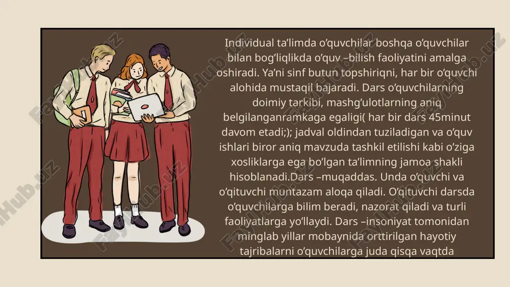adga ega darslar asosiy turlari noan’anaviy darslar. xx asrning 70-yillarida o‘quvchilarning darslarga qiziqishlarining pasayish xavfi aniqlandi. xavfni bartaraf etish uchun nostandart darslarning tashkil etishga e’tibor qaratildi. noan’anaviy darsning ko‘plab turlari bo‘lib, asosiylari quyidagilardir: asosiy turlari rolli o‘yinlar, matbuot konferensiyalari, ijodiy hisobotlar, musobaqalar, kvn turidagi o‘yinlar, tanlovlar, teatrlashtirilgan darslar, binar darslar, kompyuterli darslar, fantaziyalar, “sudlar”, haqiqatni izlash, “paradokslar”, auksionlar, dialoglar va b.sh. yordamchi turlari to‘garak; praktikum; seminar; konferensiya; maslahat (konsultatsiya); fakultativ mashg‘ulot; o‘quv ekskursiyalari; o‘quvchilarning mustaqil uy ishlari va b.sh. noan’anaviy dars turlari darsga tayyorlanishning texnologik mohiyati. darsning samaradorligi uning puxta tayyorlanganligi va samarali tashkil etilganligi bilan bog‘liq.yaxshi rejalashtirilmagan, yetarlicha o‘ylab chiqilmagan, shoshilinch tuzilgan va o‘quvchilar imkoniyatlariga moslashtirilmagan dars sifatli bo‘la olmaydi. darsga tayyorgarlik aniq sharoitlarda eng yuqori yakuniy natijaga erishishni ta’minlaydigan o‘quv jarayonini tashkil etishning komleks choralarini ishlab chiqishdir. zamonaviy darslarning yordamchi turlari o‘qituvchining darsga tayyorgarligida quyidagi uchta bosqich ko‘zga tashlanadi: tashxislash 1 2 bashoratlash 3 loyihalash (rejalashtirish) kombinatsiyalashgan darsning …