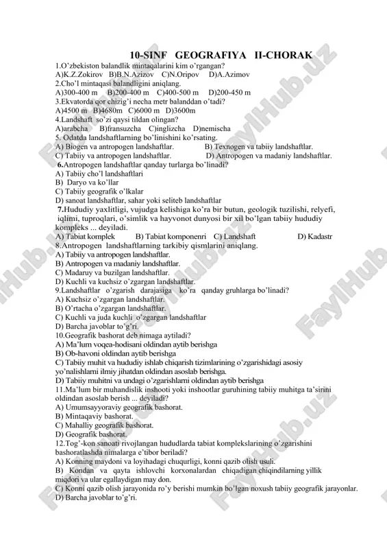 k usul yordamida qanday jarayonlar kuzatiladi? a) atmosfera havo massalarining yo’nalishi, havoning ifloslanishi, tog’lardagi muzliklar, qorliklar rejimi, tuproq va o’simlik qoplamlarining holati, ekinlarning o’sishi, ularning holati hamda hosildorligi. b) atmosfera havosi va suv havzalarining ifloslanishi. c) tabiiy geografik jarayonlar. d) atmosfera havo massalarining yo’nalishi, havoning ifloslanishi, tog’lardagi muzliklar, qorliklar rejimi, tuproq va o’simlik qoplamlarining holati, ekinlarning o’sishi, ularning holati hamda hosildorligi, qo’riqxonalardagi holatlar. 17.ekspert so’zining ma’nosini belgilang a) “ joy” b) muhandis c) «ishbilarmon» d) «tajribali» 18. loyihalanayotgan muhandislik inshootining atrof-muhit talablariga mos kelish-kelmasligini aniqlashga ... deb aytiladi a) ekologik ekspertiza b) geografik baholash c) geografik ekspertiza d) geografik bashora 19. freon gazlarni belgilang? a) ftor, xlor, uglerod. b) kislorod, ftor. c) neon, xrom. d) oltin, kumush. 20.geotizm tushunchasini kim fanga kiritgan? a)v.b.sochova b)z.zokirov c)a.gumboldt d)qoshg’ariy 21.qor chizig’i qutbiy kengliklarda necha metrdan o’tadi? a)200 metr b)1000 metr c)2000metr d)dengiz sathidan 22.geotizmlarni ko’lamiga ko’ra ajrating. a)sayyoraviy ,regional,topolobik b) regional,topolobik ,mintaqaviy c) …