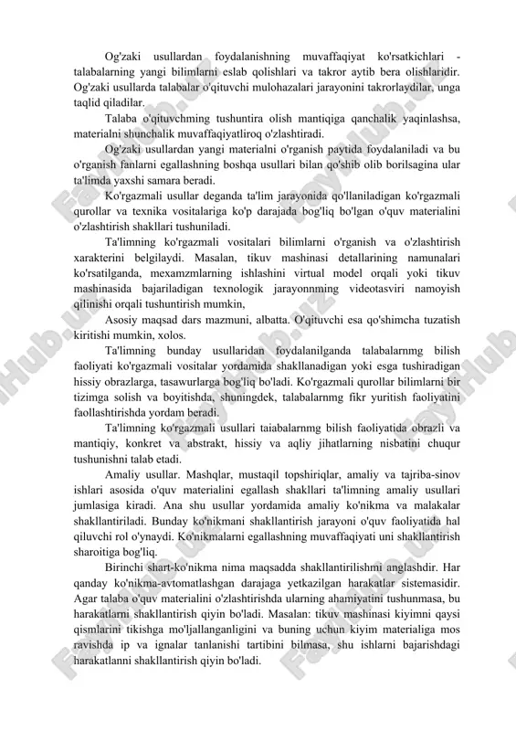 puxta tayyorlanish. ular ongli ravishda reja asosida bajarilsa, ko'nikma tezroq, muvaffaqiyatliroq shakllanadi. buning uchun talabalar nazariy bilimlarni yaxshi egallashlari kerak. beshinchi shart-mashqlarni mustaqil bajarish va o'zini o'zi nazorat qilish. talaba ko'nikmani mustaqil bajara boshlaganida u o'z harakatlarini nazorat qiladi. o'qituvchi talabaga o'z-o'zini nazorat qilish usullarini o'rgatishi zarur. masalan, talaba kiyimni bironta detaliga bezak berish jarayonini amaliy o'rgangandan keyin, uyda o'zi mustaqil ravishda bajarishga va baho berishga o'rganadi. oltinchi shart-bajarilgan mashqlar, amaliy ishlar tahlili va ularni baholash. o'quv ko'nikmalari va malakalarida ijobiy va salbiy jihatlar bo'ladi.talabalar yo'l qo'yadigan tipikxatolar namoyon bo'ladi. lekin sinfda yaxshi ishlarni namoyish qilish, rag'batlantirish kerak. ijobiy namuna asosida o'qitish afzalroqdir. agar ko'nikmani shakllantirish shartlariga rioya qilinsa, o'qitishning amaliy usullari o'quv materialining muvaffaqiyatli egallanishiga olib keladi. «innovatsion texnologiya»lar tushunchasi shu vaqtgacha an`anaviy ta`limda talaba (yoki o’kuvchi)larni faqat tayyor bilimlarni egallashga o’rgatib kelingan edi. bunday usul talaba (yoki o’quvchi)larda mustaqil fikrlash, ijodiy izlanish, tashabbuskorlikni so’ndirar edi. hozirgi kunda ta`lim …