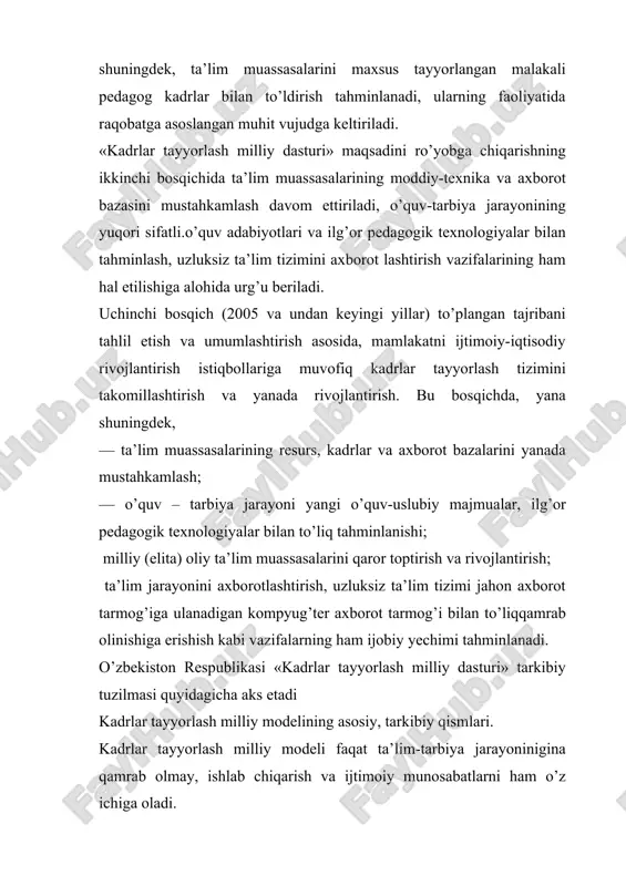 atish sohasida faoliyat ko’rsatadi va o’z bilimi hamda tajribasini o’rgatishda ishtirok etadi». 2. davlat va jamiyat ta’lim va kadrlar tayyorlash tizimining faoliyatini tartibga solish va nazorat qilishni amalga oshiruvchi kadrlarni tayyorlash va ularni qabul qilib olishning kafillaridir. shaxs kamoloti nafaqat o’zi uchun, balki davlat va jamiyat taraqqiyoti, ravnaqi uchun ham muhim ahamiyatga egadir. binobarin, fuqarolari yuksak ma’naviyatga ega jamiyat har tomonlama taraqqiy eta oladi. shaxs va davlat (jamiyat) o’rtasidagi aloqa ikki tomonlama xususiyatga ega. shu bois har qanday davlat (jamiyat) o’z fuqarolarining yashashi, mehnat qilishi, iqtidori va salohiyatini ro’yobga chiqarishi, uni namoyon eta olishi uchun yetarli darajada shart-sharoit yaratib bera olishi lozim. respublika ta’lim tizimida davlat va jamiyat shaxsning har tomonlama shakllanishi, o’zligini namoyon eta olishi uchun yetarli darajada shart-sharoit yaratib berish mashuliyatini o’z zimmasiga oluvchi subekt sifatida namoyon boiadi. davlat va jamiyat ta’lim muassasalarining yuqori malakali raqobatbardosh mutaxassislarni tayyorlash yo’lidagi faoliyatini ham uyg’unlashtiradi hamda quyidagilarga kafolat beradi: fuqarolarning bilim …
