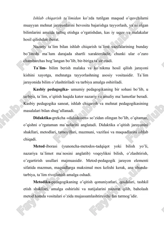 otexnika, fizika, ximiya, metallurgiya asoslarini elektr payvandlash qurilmalari, avtomat va mashinalarning tuzilishini, ularni sozlash hamda rostlashni; elektrik va kinematik sxemalarni; elektr-o’lchash asboblarining tuzilishi va ishlash printsipini; payvandlash rejimini rostlash texnologiyasi hamda usullarini; payvand choklarni nazorat qilish usullarini, payvandlash rejimlarini; payvandlangan buyumlarda ichki kuchlanishlar va deformatsiyalar paydo bo’lish sabablari hamda ularning oldini olish choralarini, shuningdek, ko’pgina boshqa narsalarni bilishi shart. mexanika-yig’uv ishlab chiqarishida mehnat unumdorligini va chiqariladigan mahsulot sifatini oshirishga yordam beradigan yangi ilg’or texnologik jarayonlar joriy qilindi. bu ishlab chiqarish ishchilari uchun elektrotexnika, texnikaviy mexanika, gidravlika va. pnevmatika, teplotexnika, matematika, mashinasozlik chizmachiligi, metallar va metallmas materiallar texnologiyasi, ishlab chiqarishning tashkil etilishi hamda ekonomikasi sohasidagi bilimlarni bilish majburiy bo’lib qolmoqda. masalan, murakkab uzel yoki mashina yig’ish brigadasiga rahbarlik qiluvchi va murakkab chizma hamda sxemalar, aniq nazorat-o’lchash asboblari bilan ish ko’ruvchi hozirgi zamon yuqori malakali ishchining mehnati asosan aqliy mehnatdir. shunday qilib, ishchi tayyorlashda kasbiy mohirlik bilan bir qatorda fanlar asosini bilish, …