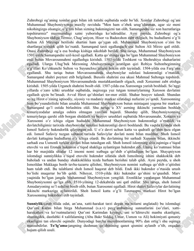 hvoli, o’zaro urushlar oqibatida nochor holatga tushib qolganligini ko’rib qaytdi. samarqand qamali 7 oydan ziyod davom etdi. shayboniyxondan yordam ololmagan boysung’ur mirzo kam sonli qo’shini va yaqinlari bilan qunduz hukmdori xusravshoh huzuriga qochdi. bobur mirzo 1497-yilning noyabr oyi oxirida samarqand taxtini egallashga muvaf- faq bo’ldi. biroq bu hol uzoqqa bormadi. boburning andijonga yuborgan ishonchli begi uzun hasan boburning dushmani ahmad tanbal bilan til biriktirib, boburning ukasi jahongir mirzoni andijon taxtiga o’tqazish harakatiga tushgan edilar. ular o’z maqsadlariga erishdilar ham. vujudga kelgan harbiy-siyosiy tanglikni tushungan bobur mirzo qanday bo’lmasin andijonni saqlab qolishga qaror qildi va samarqandni yuz kun idora etgandan song uni tark etishga majbur bo’ldi. samarqand taxtini sulton ali mirzo egalladi. ayni paytda, bobur mirzoning kichik ukasi nosir mirzo andijonga hujum qildi va uzun hasan hukmronligiga barham berib, hokimiyatni bobur mirzoga topshirdi. biroq vaziyat hamon og’irligicha qolaverdi. chunonchi, jahongir mirzo hali taxt da’vosidan voz kechmagan edi. qolaversa, ahmad tanbal ham …