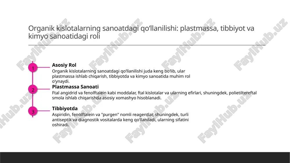 lari muhim ahamiyatga ega. reaktsiyalar to'yinmagan karbon kislotalar issiqlik ta'sirida yoki kimyoviy reaktsiyalar orqali turli mahsulotlarga aylanadi. masalan, qizdirilganda suv chiqib, yangi kislotalar hosil bo‘ladi. ular dissotsiyalanib, yuqori darajadagi reaksiyalarda ishtirok etadi. tabiiy va sanoatdagi qo‘llanilishi bu kislotalar tabiiy manbalarda, masalan, mevalarda, o'simliklarda uchraydi. sanoatda esa, ularni qizdirish, oksidlash va boshqa kimyoviy jarayonlar orqali turli mahsulotlar ishlab chiqariladi. kimyoviy xususiyatlar to'yinmagan karbon kislotalar etilen uglevodorodlar bilan reaksiyaga kirash, polimerlanish va oksidlanish jarayonlariga mos keladi. ular molekulasida etilen guruh va karbonil bog'lar mavjud bo‘lib, yuqori kimyoviy faollikka ega. aromatik va to'yinmagan kislotalarning kimyoviy xossalari va ularning ishlab chiqarishdagi ahamiyati aromatik va to'yinmagan kislotalar bu kislotalar karboksil guruhiga bevosita bog'langan aromatik uglerod atomlariga ega bo'lib, ularning kimyoviy xossalari va ishlab chiqarish usullari muhim ahamiyatga ega. kimyoviy xossalari aromatik kislotalar, masalan benzoy kislota va toluol kislotasi, suvda yaxshi eriydi, rangsiz kristallar shaklida bo'ladi va issiqlikka nisbatan barqarordir. ishlab chiqarish va qo‘llanilishi aromatik kislotalar …