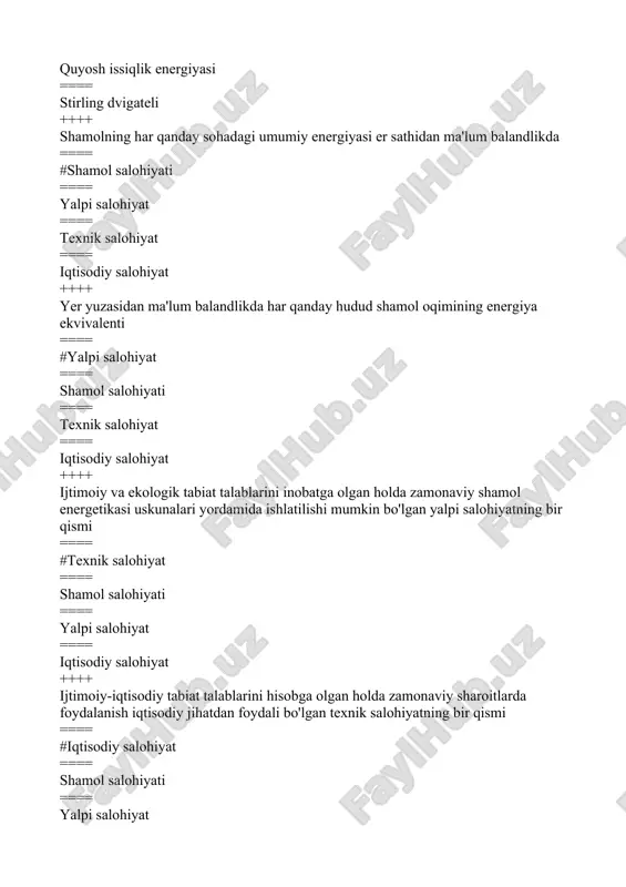 ektr stantsiyasi ==== fotovoltaik quyosh elektr stantsiyasi ==== minora quyosh elektr stantsiyasi ==== ikki davrli quyosh elektr stantsiyasi ++++ quyosh energiyasini to'g'ridan-to'g'ri elektr energiyasiga aylantirish usulidan foydalanadigan quyosh elektr stantsiyasi ==== # fotovoltaik quyosh elektr stantsiyasi ==== termodinamik quyosh elektr stantsiyasi ==== minora quyosh elektr stantsiyasi ==== ikki davrli quyosh elektr stantsiyasi ++++ geliostatlar maydonida hosil bo'lgan optik kontsentratsion tizimdan nurlanish minoraga o'rnatilgan quyosh energiyasini qabul qiluvchiga yo'naltirilgan quyosh elektr stantsiyasi ==== # minora quyosh elektr stantsiyasi ==== termodinamik quyosh elektr stantsiyasi ==== fotovoltaik quyosh elektr stantsiyasi ==== ikki davrli quyosh elektr stantsiyasi ++++ birlamchi zanjirdagi sovutish suyuqligi tomonidan so'rilgan quyosh nurlanishining energiyasi issiqlik almashinuvchisi orqali ikkilamchi zanjirning sovutish suyuqligiga o'tkaziladigan termodinamik quyosh elektr stantsiyasi ==== # ikki davrli quyosh elektr stantsiyasi ==== termodinamik quyosh elektr stantsiyasi ==== fotovoltaik quyosh elektr stantsiyasi ==== minora quyosh elektr stantsiyasi ++++ xuddi shu turdagi kontsentratorlar va quyosh energiyasini qabul qiluvchilarni o'z ichiga olgan …
