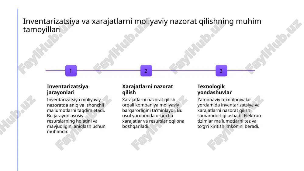 bu zanjir barqarorligini ta’minlaydi. taminot jarayonining moliyaviy hisob-kitoblari va asosiy prinsiplari taminot jarayonining asosiy prinsiplari taminot jarayonida moliyaviy hisob-kitoblar resurslarning harakatini aniq kuzatishni ta'minlaydi, xarajatlar va daromadlarni mos ravishda taqsimlashga yordam beradi. moliyaviy nazorat va hisobotlar to'g'ri moliyaviy hisobotlar va nazorat mexanizmlari orqali taminoztashuvda xarajatlar va daromadlarni aniqlik bilan boshqarish mumkin. xavflarni boshqarish moliyaviy hisob-kitoblar yordamida taminoz jarayonidagi risklarni aniqlash va ularni kamaytirish uchun strategiyalar ishlab chiqiladi, bu esa umumiy samaradorlikni oshiradi. taminot zanjirida moliyaviy oqimlarning boshqaruvi 1 tashkilot va nazorat taminot zanjirida moliyaviy oqimlarni boshqarish uchun samarali tashkilot va nazorat tizimlari muhim. bu yordamida xarajatlar va daromadlar aniq monitoring qilinadi, muammolar erta aniqlanadi. 2 rivojlanish va texnologiyalar zamonaviy texnologiyalar, masalan, erp va avtomatlashtirish, moliyaviy oqimlarni optimallashtirish va nazorat qilishda yordam beradi. bu usullar xarajatlarni kamaytiradi va jarayonlarni tezlashtiradi. 3 xavflarni boshqarish moliyaviy xavflarni aniqlash va boshqarish strategiyalari, shuningdek, risklarni minimallashtirish usullari, taminot zanjirida barqarorlik va samaradorlikni ta’minlaydi. bu biznes …