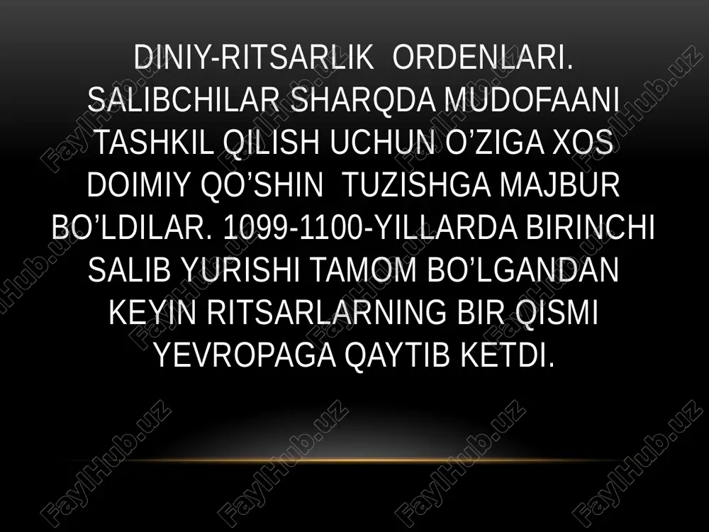 ordenining kresti xviii asrdan italiya,avstriya,prussiya,ispaniya,rossiyada yuksak mukofot hisoblangan.pavel i davrida bu krest avliyo iyerusalimskiy nomi bilan atalgan. xulosa qilib, shuni aytamizki, “tarixiy xotirasiz kelajak yo’q” deganlaridek, o’tmishga nazar solar ekanmiz, o’z tariximizga qiziqishimiz bilan bir qatorda, jahon tarixidagi qiziqarli voqea- hodisalar,muhim sanalar inson qiziqishini cheklab o’tolmaydi. jumladan, o’rta asrlar davridagi muhim hodisa bo’lib hisoblangan diniy-ritsarlik ordenlari fikrimizning yaqqol isbotidir. ordenlar xalqqa va ritsarlarga qulay shart-sharoitlar yaratib bergan, urushlar davrida tang vaziyatda qolgan ritsarlar va jangchilarga katta yordam berib,homiylik qilgan. aholi tomonidan qo’llab-quvvatlangan ordenlardan biri bo’lgan gospitalyerlar ordeni uzoq o’tmishni bosib o’tgan bo’lsa- da,hozirgacha rimda saqlanyapti. “o’tmishni yaxshi bilgan kishi- kelajakka ishonch ko’zi bilan qaray oladi”. mamadaminova zebo diniy-ritsarlik ordenlari reja: 1.diniy-ritsarlik ordenlari ha ritsarlik ordenlari tarixda qiziqarli hodisa hisoblanadi. bir t ma’lumki,1100-1300-yillarda yevropada 12ta ritsarlik ordeni bo’ slide 4 diniy-ritsarlik ordenlari. salibchilar sharqda mudofaani tashk falastinda hammasi bo’lib bir necha ming ritsar qoldi,xolos.sh sharqda uchta orden tashkil etildi. 1119-yilda birinchi …