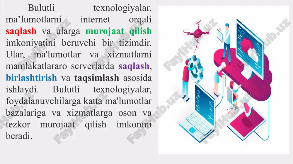 i ishlab chiqish va joriy etish davom etmoqda. kvant sun'iy intellekt keyinchalik kuchli va samarali tizimlarni yaratish uchun kvant hisoblash va sun'iy intellekt bo'yicha tadqiqotlar. hissiy sun'iy intellekt odamlarning his- tuyg'ularini tan olish va tahlil qilish va ularga mos ravishda javob berish qobiliyatiga ega tizimlarni ishlab chiqish. ta'limda sun'iy intellekt texnologiyalari ushbu taqdimotda biz ta'lim sohasida sun'iy intellektdan foydalanishni ko'rib chiqamiz. biz vositalar, foydalanishning foydalari va xavf-xatarlari, shuningdek, ta'lim olish imkoniyatini kengaytirish haqida bilib olamiz. o'qitishda si dan foydalanishning afzalliklari 1 ta'limni shaxsiylashtirish ai har bir talabaning qobiliyatlari, qiziqishlari va o'quv xususiyatlarini hisobga olgan holda o'quv materialini uning ehtiyojlariga moslashtirishga imkon beradi. 2 trening ma'lumotlarini tahlil qilish sun’iy intellekt o‘quv jarayoni haqidagi ma’lumotlarni to‘plash va tahlil qilishga yordam beradi, bu esa ta’lim sifatini oshirish va muammolarni aniqlash imkonini beradi. 3 o'qituvchining samaradorligini oshirish ai o'qituvchining ba'zi funktsiyalarini bajaradi, masalan, topshiriqlarni tekshirish, o'qituvchilarga talabalarga yakkama- yakka yordam berish uchun vaqtni bo'shatish …