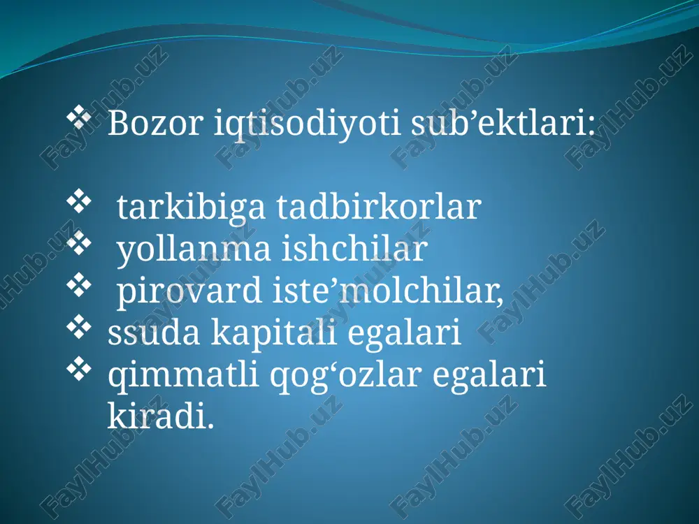 tish davri iqtisodiyoti uchun o‘ta muhim hisoblanadi.  6. bozor xo‘jaligiga mos bo‘lgan aholini ijtimoiy himoyalash tizimini shakllantirish. bu tizim aholining nisbatan muhtoj qatlamini aniq ijtimoiy qo‘llab-quvvatlashga o‘tishga yo‘naltirilgan. markazlashgan ma’muriy-buyruqbozlikka asoslangan iqtisodiyotdan bozor iqtisodiyotiga o‘tishda maqsad bir xil bo‘lsa-da, turli mamlakatlar turli yo‘llarni tanlashlari mumkin. hammaga ma’lumki, bir tizimdan ikkinchi tizimga o‘tishning revolyusion va evolyusion yo‘llari mavjud. polsha, chexoslovakiya, rossiya va boshqa ayrim mamlakatlar bozor iqtisodiyotiga o‘tishning revolyusion yo‘lini, birdaniga katta to‘ntarishlar qilish yo‘lini tanladilar.  «bizning bozor munosabatlariga o‘tish modelimiz respublikaning o‘ziga xos sharoitlari va xususiyatlarini, an’analar, urf-odatlar va turmush tarzini har tomonlama hisobga olishga, o‘tishdagi iqtisodiyotni bir yoqlama, beso‘naqay rivojlantirishning mudhish merosiga barham berishga asoslanadi», deb yozadi mamlakatimiz prezidenti islom karimov.  karimov i.a. o'zbekiston buyuk kelajak sari. t.: o'zbekiston, 1998, 101-102- betlar.  o‘zbekistonda bozor munosabatlariga o‘tish yo‘li ijtimoiy- yo‘naltirilgan bozor iqtisodiyotini shakllantirishga qaratilgan. bu yo‘lni amalga oshirishga, iqtisodiyotni tubdan isloh qilishga prezidentimiz i.karimov tomonidan ishlab …