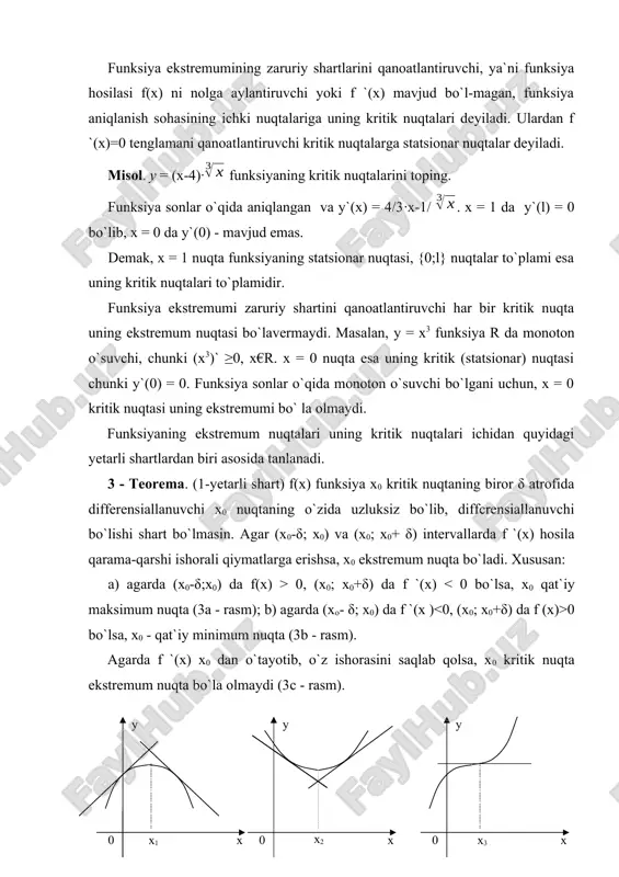 global minimumi x = 1 nuqtada bo`lib, f min = f (1) = 2, x = 0,01 nuqta esa uning global maksimumi va f max = f (0,01) = 100,01. agar qaralayotgan kesmada funksiya uzilish nuqtalariga ega bo`lsa, yuqoridagilarga qo`shimcha, funksiyani uzilish nuqtalarida tekshirishlar qo`shiladi. funksiya (a;b) intervalda berilgan bo`lsa, funksiyani a nuqtada o`ngdan, b nuqtada esa chapdan tekshirish talab qilinadi. 4. funksiyaning qavariqligi. egilish nuqtalari 3 - § da qavariq to`plamda berilgan qavariq yoki botiq funksiya ta`riflangan edi. ko`p hollarda, qavariq iborasi qavariqligi bilan quyiga, botiq iborasi esa qavariqligi bilan yuqoriga qaragan deb yuritiladi. y = f(x) funksiya [a;b] kesmada uzluksiz, (a;b) intervalda differensiallanuvchi bo`lsa, kesmada qavariq yoki botiq funksiyani o`zgacha ta`riflash va shu bilan birga, (a;b) intervalda ikki marta differcnsial-lanuvchi bo`lsa, [a;b] kesmada qavariqlik shartini aniqlash imkoni tug`iladi. a) b0 a x y ba b) 0 x y 4-rasm y = f(x) funksiya grafigi (a;b) interval chegarasida o`z …