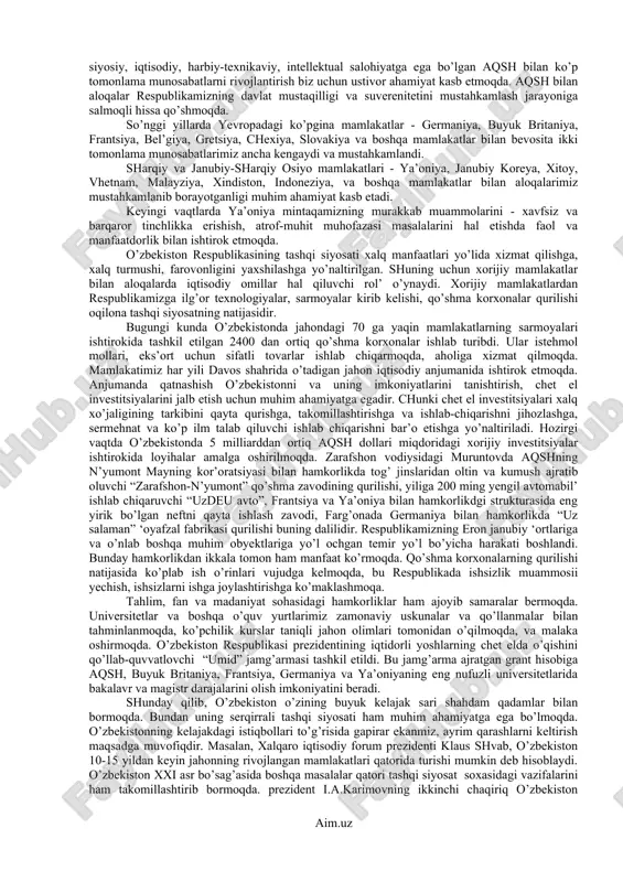 dunyo keskin ziddiyatlarga to’lib-toshib turibdi. “sovuq urush” siyosati barham to’gan bo’lsada, milliy va diniy nizolar jahon tinchligiga xavf solib turibdi. butun insoniyatni ekologik tanglik, biogenetik buzilishlar, uyushgan jinoyatchilik, ekstremizm, terrorchilik tashvishlantirmoqda. jahon xavfsizligini tahminlash davrimizning eng dolzarb masalasiga aylangan. jahon tinchligi mintaqalardagi tinchlikka, shuningdek, ayrim olingan har bir mamlakatdagi tinchlikka bog’liq bo’lib qoldi. har bir mamlakatda milliy xavfsizlik tahmin etilgan bo’lsa, o’sha mamlakat joylashgan mintaqada xavfsizlik bo’ladi, mintaqalarda xavfsizlik tahminlansa, jahon xavfsiz bo’ladi. shuning uchun ham jahon siyosatida milliy, mintaqaviy va jahon xavfsizligini tahminlash masalalariga alohida e’tibor berilmoqda. o’zbekiston respublikasi ham o’zining tashqi siyosatida milliy, mintaqaviy xavfsizlik masalalariga jahon xavfsizligining tarkibi qismi sifatida alohida e’tiborini qaratib kelmoqda. prezidentimiz o’zining “o’zbekiston xxi asr bo’sag’asida: xavfsizlikka tahdid, barqarorlik shartlari va tara qqiyot kafolatlari” asarida tahkidlaganiday, “hozirgi sharoitda, umumiy xavfsizlikni tahminlash va muvozanatga erishish manfaatlari nuqtai nazaridan yangi mustaqil davlatlarning xavfsizligi va barqaror rivojlanish muammolari ulkan ahamiyat kasb etmoqda”. ma’lum ki, 1991 yil …