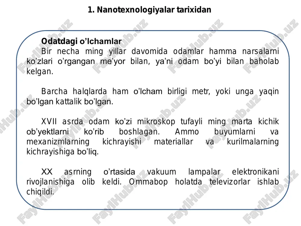 shuning uchun ular filtrlarda g’ovakli material sifatida keng qo’llaniladi. nanonaylar yuqori sig’imli kondensatorlarda elektrodlar sifatida qo’llaniladi. uglerodli annonaylar olmosli yupqa parda sifatida o’zini tajribalarda juda yaxshi ko’rsatgan. elektron mikroskop yordamida nanonaylar ustida bajarilgan suratlar juda sifatli chiqadi. nanonaylarning kichik o’lchamlari, ishlab chiqarish sharoitlariga mos holda o’zgaradigan elektro’tkazuvchanligi, mexanik mustahkamligi, kim’yoviy barqarorligi kabi xusussiyatlari ularni mikroelektronika kelajagi uchun asos bo’ladigan element sifatida ko’rish mumkin. nanonaylarning ichiga boshqa moddalarni qo’yish va tashqi muhitdan ximoyalash masalalri ham juda katta iqtisodiy samara berishi mumkin grafen — uglerodning qalinligi bir atomga teng bo’lgan yassi allotropik modifikatsiyasi. grafen nazariyasi 1947 yilda f. wollas tomonidan ishlab chiqilgan. grafenni o’zi 2004 yilda tajribalar natijasida olingan va uning xossalari o’rganib borilgan. bu nafaqat eng yupqa material u eng mustahkam material material (po’latdan 200 marta mustahkam), va elektr o’tkazzuvchanligi ham eng yuqori material. zamonaviy kompyuter chiplarning asosiy muammosi – ularni quvvatini qizib ketmasdan oshirish. grafen tranzistorlar bu muammoni yechadi. 5. …