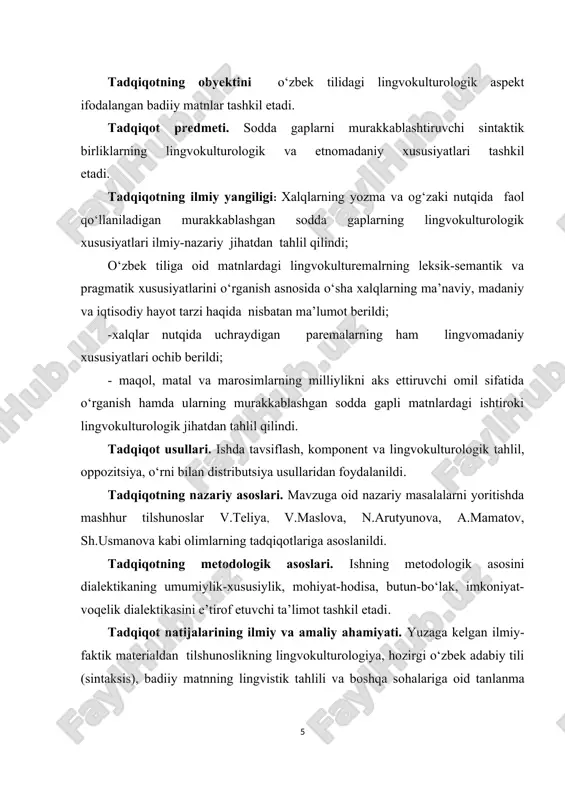 o‘lakli gaplar, undalma va kiritmalarni o‘rgatishda zamonaviy usullari ishlab shiqildi. tadqiqotning obyektini o‘zbek tilidagi lingvokulturologik aspekt ifodalangan badiiy matnlar tashkil etadi. antroposentrik talqini: filol. fan. d-ri. ... diss. – toshkent, 2015. 5 tadqiqot predmeti. sodda gaplarni murakkablashtiruvshi sintaktik birliklarning lingvokulturologik va etnomadaniy xususiyatlari tashkil etadi. tadqiqotning ilmiy yangiligi: xalqlarning yozma va og‘zaki nutqida faol qo‘llaniladigan murakkablashgan sodda gaplarning lingvokulturologik xususiyatlari ilmiy-nazariy jihatdan tahlil qilindi; o‘zbek tiliga oid matnlardagi lingvokulturemalrning leksik-semantik va pragmatik xususiyatlarini o‘rganish asnosida o‘sha xalqlarning ma’naviy, madaniy va iqtisodiy hayot tarzi haqida nisbatan ma’lumot berildi; -xalqlar nutqida ushraydigan paremalarning ham lingvomadaniy xususiyatlari oshib berildi; - maqol, matal va marosimlarning milliylikni aks ettiruvshi omil sifatida o‘rganish hamda ularning murakkablashgan sodda gapli matnlardagi ishtiroki lingvokulturologik jihatdan tahlil qilindi. tadqiqot usullari. ishda tavsiflash, komponent va lingvokulturologik tahlil, oppozitsiya, o‘rni bilan distributsiya usullaridan foydalanildi. tadqiqotning nazariy asoslari. mavzuga oid nazariy masalalarni yoritishda mashhur tilshunoslar v.teliya, v.maslova, n.arutyunova, a.mamatov, sh.usmanova kabi olimlarning tadqiqotlariga …