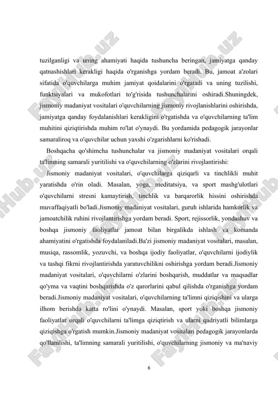jismoniy va ma'naviy rivojlanishlarini oshirishda katta ahamiyatga ega. bu vositalar o'quvchilarning o'zlarini tanish, rivojlantirish va o'zgarishlarga o'xshash o'rganish usullari orqali ta'lim jarayonlarini oshirishda juda samarali bo'lib ishlaydi. jismoniy mashqlar jismoniy madaniyatning asosiy vosi tasi bo`lib, u tarixan gimnastika, uyinlar, sport va turizm tarznda gurux larga ajratilib, madaniyat jarayonining vositasi sifatida foydalanib kelindi. jismoniy mashq deb, jismoniy madaniyat qonuniyatlari talab lariga javob beruvchi, ongli ravishda bajariladigan ixtiyoriy harakat faoliyatlarining turli turkumi tushuniladi. bunday harakat faoliyatlari gimnastika, uyinlar, sport, turizm mashqlari sifatida tarixan tizimlashtirildi, tuplandi va usluban tuldirildi. jismoniy mashqni vujudga kelishi tarixan qator darsliklarda (a.d. novikov, b.a. ashma rin va boshqalar, 1966, 1979). ibtidoiy jamoa to`zumi davriga to`g`ri keladi deb ko`rsatiladi. jismoniy mashqning vujudga kelishida ob`ektiv sabab qilib ibtidoiy odamning korni tuydirish maqsadida ov qilishi, sub`ektiv sabab sifatida ongning shakllanishi deb qaraldi.ibtidoiy qurollarni ishlatishni bilmagan ibtidoiy odam o`z ulja sini (ovini) xoldan toldirguncha kuvlagan. bunda ovchining organizmi katta jismoniy tayyorgarlikka muxtojlik …