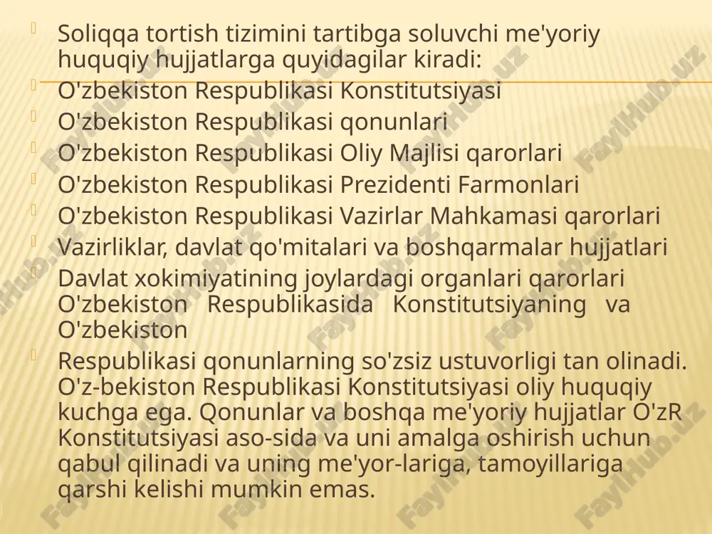 oldini oladi. shuningdek, nazorat organlari mansabdor shaxslari harakatlari va qarorlari ustidan ham shikoyat qilish huquqi va tartibi mavjud. tekshirilayotgan xo 'jalik yuri-tuvchi sub 'ektlar quyidagi huquqlarga ega: o'z faoliyatlari tekshirilishi to'g'risidagi tegishli axborotga ega bo'lish; nazorat qiluvchi organlarning tekshiruvchi mansabdor shaxs- laridan maxsus vakolatli organ yoki uning hududiy bo'linmalari qarorini, tekshirish o'tkazish uchun asos hisoblanuvchi boshqa huj-jatlarni talab qilish, tekshiruvchilaming shaxsini tasdiqlovchi hujjatlar bilan tanishish; tekshirish o'tkazish uchun asosga ega bo'lmagan shaxslarning tekshirish o'tkazishiga yo'l qo'ymaslik; nazorat qiluvchi organlarning tekshiruvchi mansabdor shaxs­ larning vakolatiga kirmaydigan masalalarga oid talablarni ba-jarmaslik va tekshirish predmetiga taalluqli bo'lmagan material-lar bilan ularni tanishtirmaslik; nazorat qiluvchi organlarning tekshiruvchi mansabdor shaxs- laridan tekshirish tugaganidan so'ng o'n kun muddat ichida tekshi-rish natijalarini aks ettiruvchi hujjatning bir nusxasini olish; qonunda belgilangan tartibda tekshirish natijalari ustidan shikoyat qilish. tekshirishlarning davomiyligi 30 taqvim kunidan ortiq bo'1-masligi kerak. ayrim hollarda tegishli organlar tomonidan bu muddat у ana 30 taqvim kungacha cho'zilishi mumkin. …