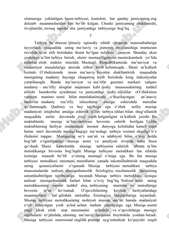 olmay, amaliyotchi ham bo‘lgan. uning o‘zi taniqli musiqachi, ajoyib sozanda va bastakor, yangi musiqa asbobi ixtirochisi sifatida ham shuhrat qozongan. musiqaning ajoyib sehrli kuchi, mo‘jizakor ta’siri haqida fikr yuritib, forobiy «ilmlarning kelib chiqishi to‘g‘risida» asarida shunday deydi: «bu ilm shu ma’noda foydaliki, u o‘z muvozanatini yo‘qotgan odamni tartibga keltiradi, mukammallikka yetmagan xalqni mukammal qiladi va muvozanatini saqlab turadi ». xalqimiz yaratgan musiqa durdonalari, har sonyada - tarbiyada, mehnatda, ijtimoiy munosabatda ma’lum darajada o‘z fidoiysini topadi. milliy musiqa atrofdagi hodisalarni go‘zallikni idrok etishga va qadrlashga o‘rgatadi, nozik did va hur fikr bilan qurollantiradi, ma’naviy olamni kengaytiradi. shu bois musiqani tilsiz falsafa deb bejiz aytishmagan . musiqa inson qalbini yumshatishi, unda iymonga dalolat etuvchi mehr - muxabbat va rahmdillik tuyg‘ularini uyg‘otishi mumkin. shu bilan birga, maqomlar mazmunida buyuk davlat mafkurasiga muvofiq bo‘lgan tasavvuf ta’limoti g‘oyalarini badiiy ifoda etish vazifasi ham qo‘yilgan. tabiiyki, ushbu murakkab ilmiy masalalarni tadqqiq etish har tomonlama yetuk musiqashunos …