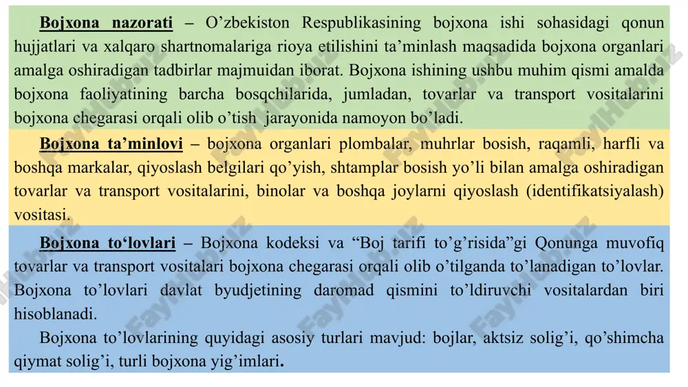 tasiga yuklarni bojxona plombalari va muhrlari ostida xalqaro tashishga ruxsat berilganligi to‘g‘risidagi guvohnoma;  tez buziladigan mahsulotlar tashilayotganda, tez buziladigan mahsulotlarni tashish uchun avtotransport vositasiga ruxsat berilganligi to‘g‘risidagi guvohnoma;  xavfli yuklar tashilayotganda, xavfli yuklarni tashish uchun avtotransport vositasiga ruxsat berilganligi to‘g‘risidagi guvohnoma;  yuklarni xalqaro yo‘llarda tashish shartnomasi to‘g‘risidagi konvensiya (jeneva, 1956-yil 19-may) talablariga muvofiq tovar- transport yuk xati;  yuklar xyt daftarchasi qo‘llanilgan holda tashilgan taqdirda, yuklarni xalqaro tashish to‘g‘risidagi bojxona konvensiyasiga (jeneva, 1975-yil 14-noyabr) muvofiq xyt daftarchasi;  tijorat hujjatlari;  xalqaro pochta jo‘natmalarini kuzatib borish uchun umumjahon pochta ittifoqi hujjatlarida belgilangan hujjatlar; transport vositalari va tovarlarni bojxona hududiga olib kirilayotganda taqdim etiladigan hujjatlar http://lex.uz/docs/-2747603 http://lex.uz/docs/-2747603 http://lex.uz/docs/-2747603 http://lex.uz/docs/-2661891 http://lex.uz/docs/-2661891 http://lex.uz/docs/-2747603 http://lex.uz/docs/-2747603 yuqoridagi hujjatlarda ko‘rsatilishi kerak bo‘lgan quyidagi ma’lumotlarni:  tashuvchining nomi va pochta manzili;  tashish uchun tovar qabul qilinadigan joy (mamlakat) va yetkazib berilishi mo‘ljallangan joy (mamlakat);  tovarlar jo‘natgan mamlakatning va tovarlar kelib tushadigan mamlakatning …