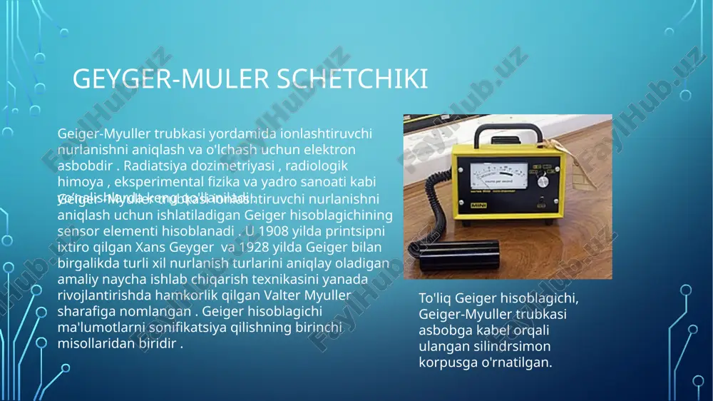 arshi qutbli elektrodlarga o'tadi . bu kamera dizayniga qarab femtoamperdan pikoampergacha bo'lgan hududda elektrometr pallasida o'lchanadigan va nurlanish dozasiga mutanosib bo'lgan ionlanish oqimini hosil qiladi. ionisation kamera turlari idishdagi ikkita yuqori bosimli silindrsimon ion kamerasi. ionizatsiya kamerasi per kyuri tomonidan 1895-1900 yillarda qilingan amaldagi qo'lda integral ion kamerali tadqiqot o'lchagich integral qo'lda ushlab turiladigan asbobda toymasin beta qalqonning ko'rinishi ionlash kamerani ishkatilish sohalari 1. tibbiyot sohasida: radiatsion terapiyada: bemorga yuborilayotgan nurlanish dozasini aniqlik bilan nazorat qilish uchun. rentgen apparatlarida: rentgen nurlarining intensivligini o‘lchashda. dozimetriyada: shifokor va bemorlar uchun nurlanish xavfsizligini ta’minlashda. 2. yadro sanoati: yadro elektr stansiyalarida: nurlanish darajasini doimiy nazorat qilish uchun. yadro reaktorlarida: reaktorda yuzaga keladigan ionlashtiruvchi nurlanishni kuzatish. yadro chiqindilarini saqlash joylarida: xavfsizlikni ta’minlash uchun. 3. sanoat sohasida: radiografiyada (masalan, payvand joylarini tekshirish): ionlash kamerasi yordamida ishlatilgan nurlanish darajasi aniqlanadi. material nazoratida: radiatsiyaviy sinovlardan foydalanilganda, operatorni himoyalash chorasi sifatida. foydalanilgan adabiyotlar https://en.wikipedia.org/wiki/ionization_chamber https://en.wikipedia.org/wiki/geiger_counter https://remm.hhs.gov/radiation-dosimeters-dose-monitoring-worker-safety.htm https://www.googleadservices.com/pagead/aclk?sa=l&ai=dchcsewj3vdro3iknaeaq image2.png image3.jfif …