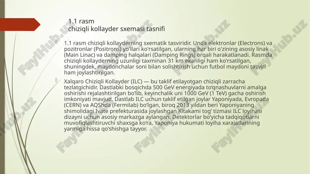 ‘zaro ta’sirlari haqida yangi bilimlar hosil qilinadi. clic va ilc loyihalari nafaqat yangi fizikani kashf etish, balki texnologik innovatsiyalarni rivojlantirishda ham katta ahamiyatga ega.  kompakt chiziqli kollayder yuqori energiyaga erishish uchun yuqori chastotali rf tezlatuvchi texnologiyasidan foydalanadi, bu esa uni texnik jihatdan murakkab, ammo energiya sohasida yanada samarali qiladi. xalqaro chiziqli kollayder esa superconducting rf texnologiyasiga asoslangan bo‘lib, ishonchliligi va bosqichma-bosqich kengaytirilishi bilan ajralib turadi.  ummuman olganda, chiziqli kollayderlar zamonaviy zarracha fizikasi va fundamental ilm-fanning rivojlanishida muhim o‘rin tutadi. ularning rivojlanishi nafaqat ilmiy, balki texnologik taraqqiyotga ham katta hissa qo‘shadi. kelajakda bu sohadagi tadqiqotlar yangi kashfiyotlar va innovatsiyalar uchun poydevor bo‘lib xizmat qilishi kutilmoqda. foydalanilgan adabiyotlar;  1. https://en.wikipedia.org/wiki/international_linear_collider  2. https://linearcollider.org/  3. https://home.cern/science/accelerators/compact-linear-collider  4. https://en.wikipedia.org/wiki/compact_linear_collider  5.chatgpt tarjima qilish uchun. https://en.wikipedia.org/wiki/international_linear_collider https://linearcollider.org/ https://home.cern/science/accelerators/compact-linear-collider https://en.wikipedia.org/wiki/compact_linear_collider chiziqli kollayderlar reja; chiziqli kollayderlar (2) slide 4 1.1 rasm chiziqli kollayder sxemasi tasnifi chiziqli kollayderlarning turlari va tuzilishi xalqaro chiziqli …