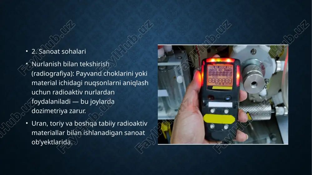 qo’llaniladigan kuchlanishga kuchli bog’liq bo’lganligi sababli, to’plangan zaryad (chiqish signali) ham qo’llaniladigan kuchlanishga bog’liq va proportsional hisoblagichlar doimiy kuchlanishni talab qiladi. bu ionizatsiya kameralari va proportsional hisoblagichlar o’rtasidagi nozik, ammo muhim farq . ionlash kamerasi har soniyada to’plangan elektronlar soniga mutanosib oqim hosil qiladi. ushbu oqim o’rtacha hisoblanadi va displeyni bq yoki msv/soatda ko’rsatish uchun ishlatiladi. proportsional hisoblagichlar bu tarzda ishlamaydi. buning o’rniga, ular har bir ionlashtiruvchi hodisani alohida aniqlash uchun ionlanishning har bir alohida portlashini kuchaytiradi. shuning uchun ular ionlashtiruvchi hodisalar sonini o’lchaydilar (shuning uchun ular hisoblagichlar deb ataladi). foydalanilgan adabiyotlar chatgpat wikipedia laboratoire national henri becquerel https://www.shutterstock.com/search/geiger-counter e'tiboringiz uchun rahmat image2.jpg image3.jpg image4.jpg image5.jpg image6.jpg image7.jpg image8.jpg image9.jpg image10.jpg image11.jpg image12.jpg image13.jpg image14.jpeg image15.jpeg image16.jpeg image17.jpeg image18.jpeg image19.jpeg /docprops/thumbnail.jpeg