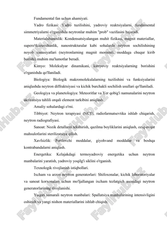i va energiya ajralib chiqadi. hosil bo'lgan neytronlar boshqa yadrolarni bo'lishi mumkin, bu esa zanjirli reaktsiyaga olib keladi. reaktsiya tezligi moderator (neytronlarni sekinlashtiruvchi modda) va boshqaruv sterjenlari (neytronlarni yutuvchi material) yordamida nazorat qilinadi. asosiy komponentlari: yadroviy yoqilg'i: odatda boyitilgan uran (uran-235 ning ko'proq foizi) yoki plutoniy. yoqilg'i elementlari ko'rinishida bo'ladi. moderator: neytronlarning energiyasini termik energiyaga yaqinlashtiradi, bu esa bo'linish ehtimolini oshiradi. eng ko'p ishlatiladigan moderatorlar: yengil suv og'ir suv, grafit. boshqaruv sterjenlari: reaktsiya tezligini nazorat qilish va reaktorni to'xtatish uchun ishlatiladi. neytronlarni kuchli yutuvchi materiallardan (kadmiy, bor karbidi) tayyorlanadi. sovutish tizimi: o'zakda hosil bo'lgan issiqlikni olib ketadi. sovutish vositasi sifatida suv, gaz (geliy, karbonat angidrid), suyuq metallar (natriy, qo'rg'oshin) ishlatilishi mumkin. himoya ekranlari: reaktordan chiqadigan nurlanishni (neytronlar, gamma- kvantlar) kamaytirish uchun mo'ljallangan. reaktor idishi: barcha asosiy komponentlarni o'z ichiga oladi va yuqori bosim va haroratga bardosh berishi kerak. turlari: tadqiqot reaktorlari: yuqori neytron oqimi zichligiga ega bo'lib, materialshunoslik, yadro fizikasi, …